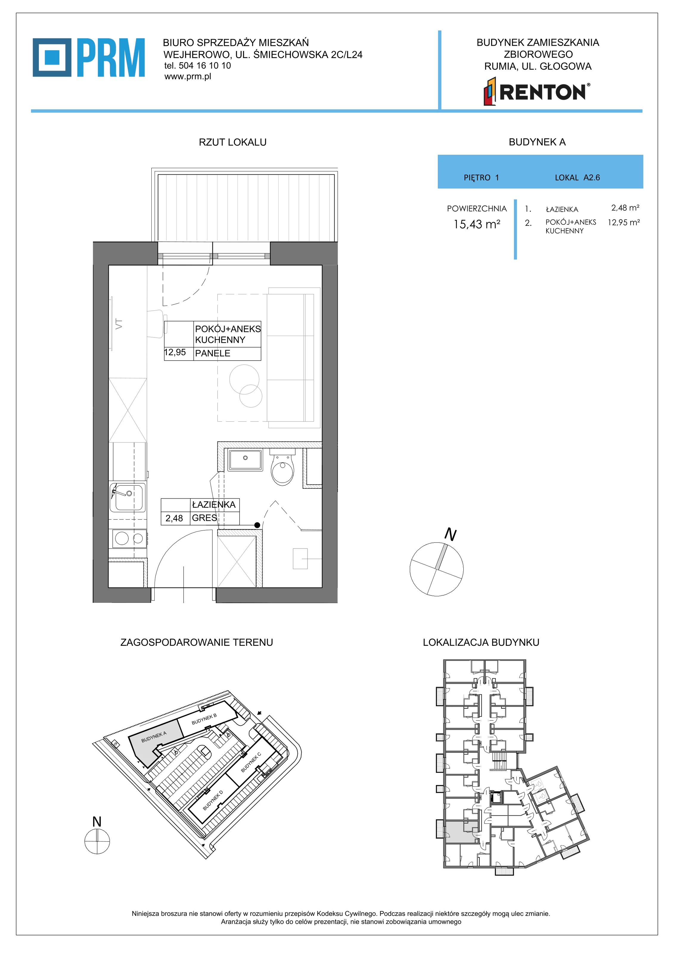 1 pokój, lokal inwestycyjny 15,43 m², piętro 1, oferta nr A2.6, RENTON - Kawalerki inwestycyjne , Rumia, Biała Rzeka, ul. Głogowa