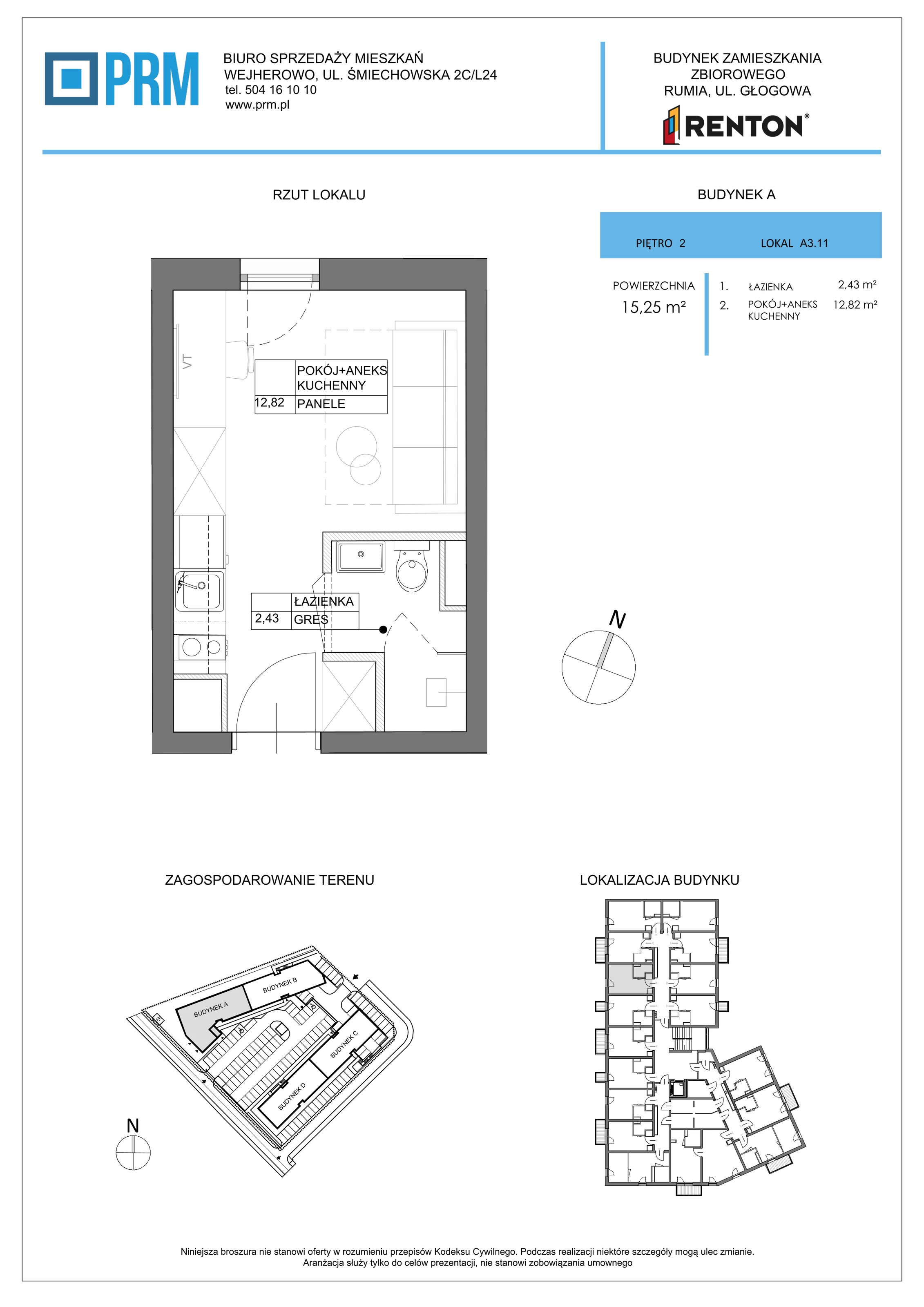 1 pokój, lokal inwestycyjny 15,25 m², piętro 2, oferta nr A3.11, RENTON - Kawalerki inwestycyjne , Rumia, Biała Rzeka, ul. Głogowa