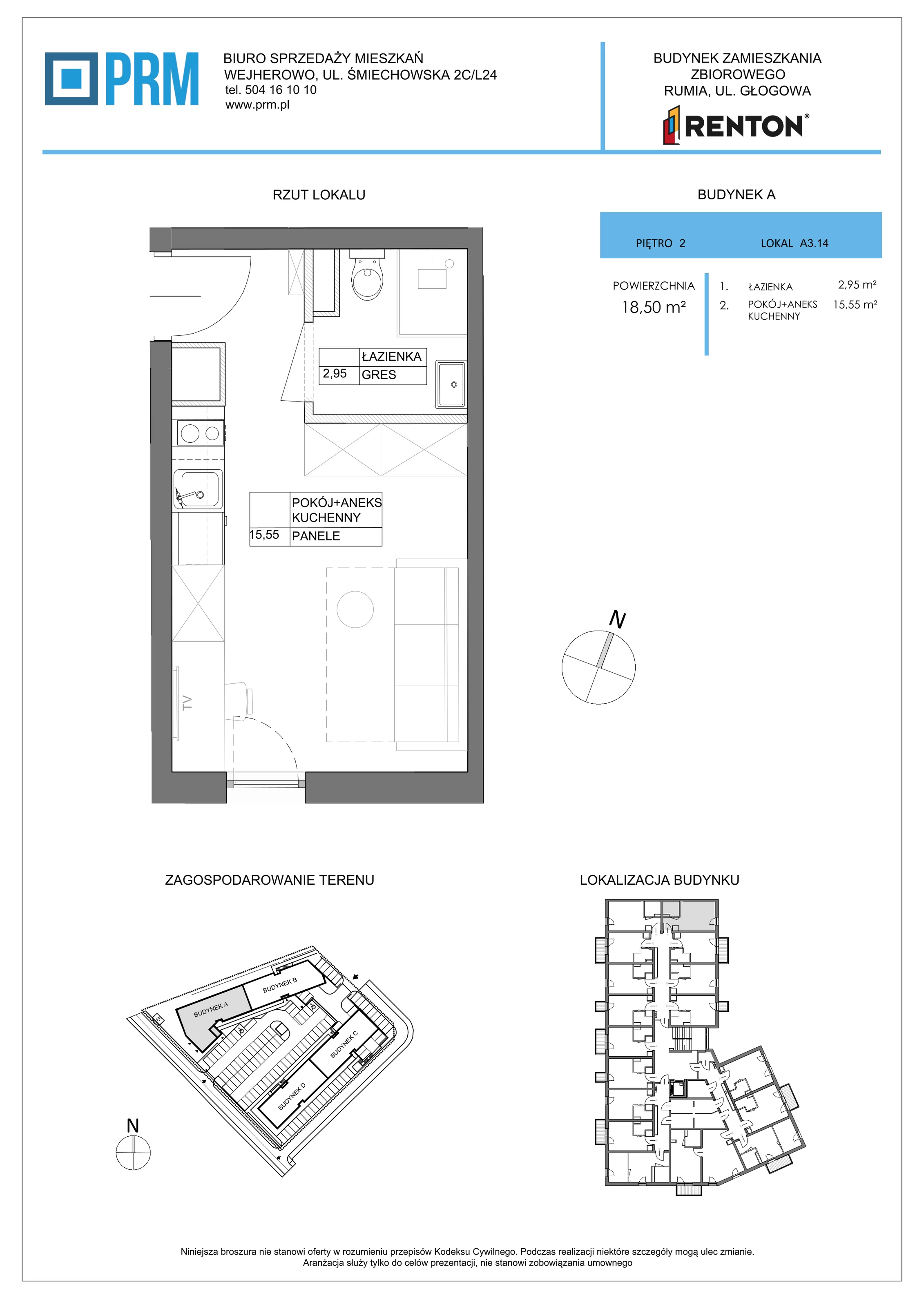 1 pokój, lokal inwestycyjny 18,50 m², piętro 2, oferta nr A3.14, RENTON - Kawalerki inwestycyjne , Rumia, Biała Rzeka, ul. Głogowa