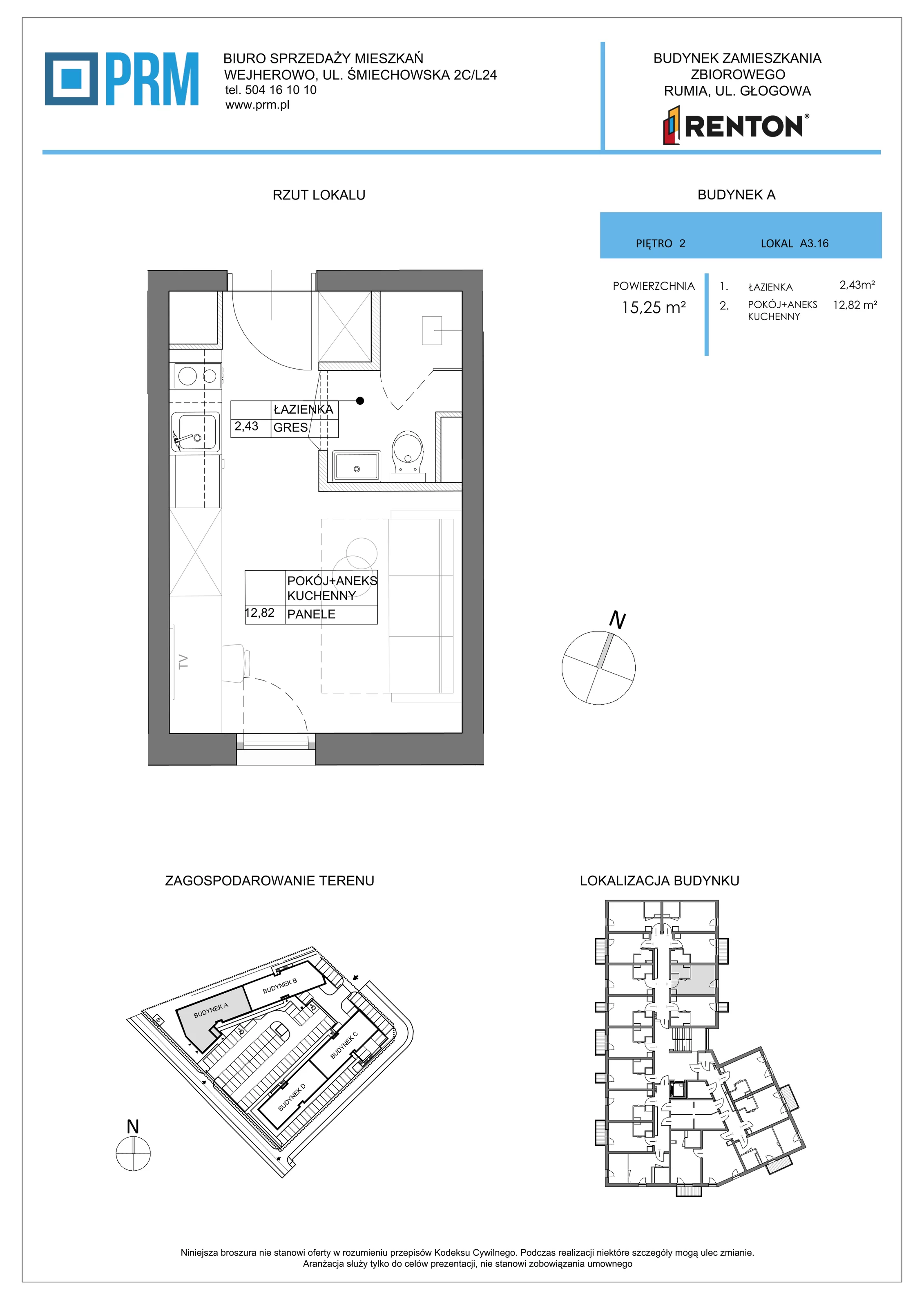 1 pokój, lokal inwestycyjny 15,25 m², piętro 2, oferta nr A3.16, RENTON - Kawalerki inwestycyjne , Rumia, Biała Rzeka, ul. Głogowa