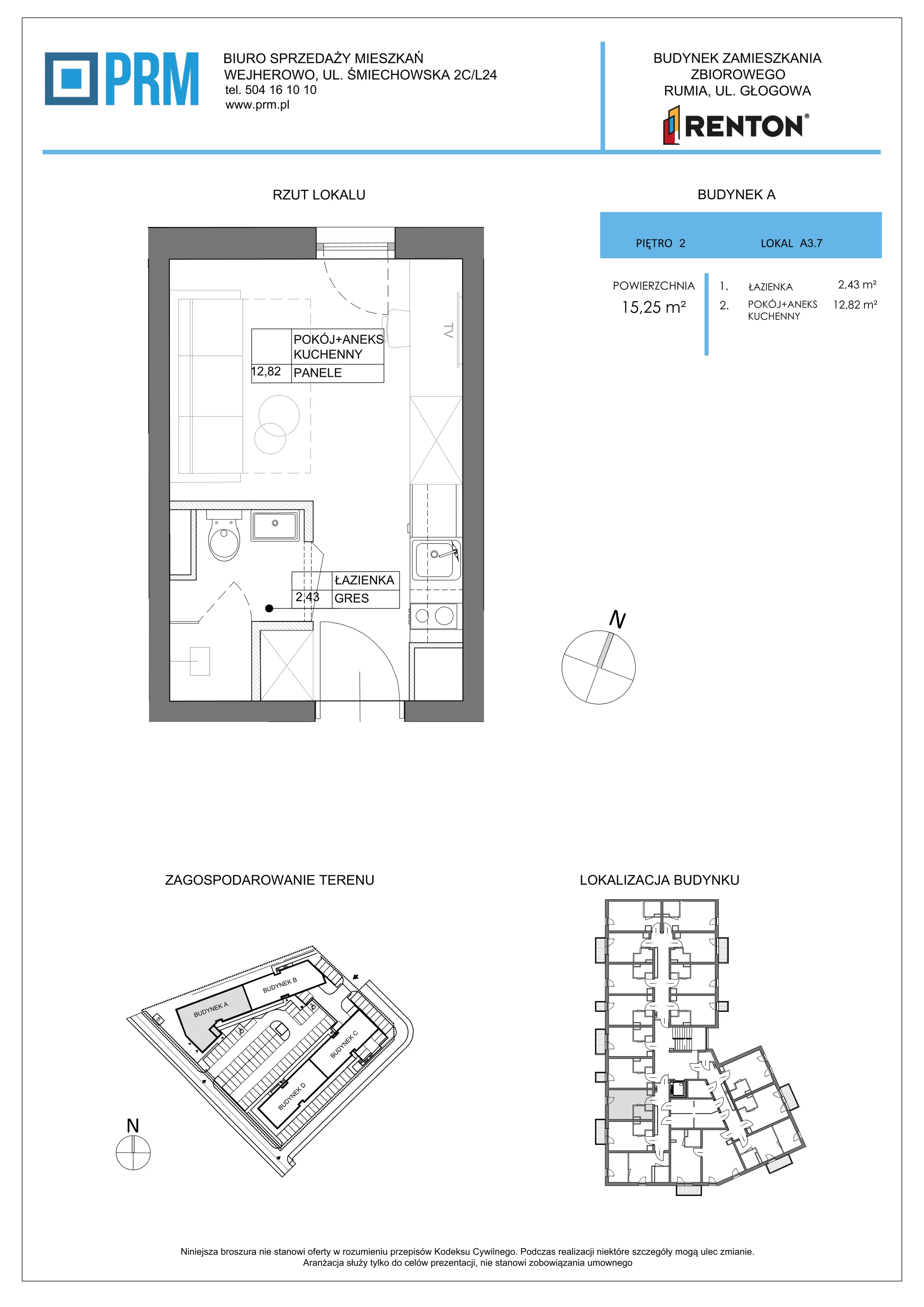 1 pokój, lokal inwestycyjny 15,25 m², piętro 2, oferta nr A3.7, RENTON - Kawalerki inwestycyjne , Rumia, Biała Rzeka, ul. Głogowa