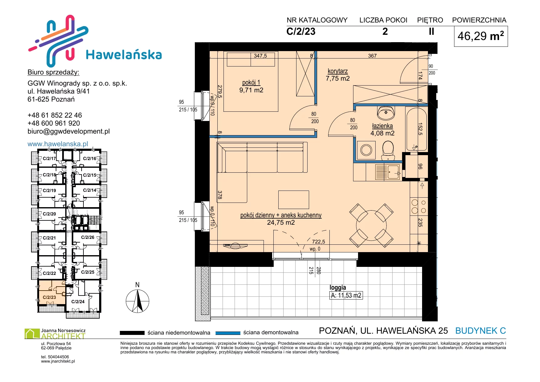 2 pokoje, mieszkanie 46,29 m², piętro 2, oferta nr C/2/23, Osiedle Hawelańska III etap, Poznań, Winogrady, ul. Hawelańska 25