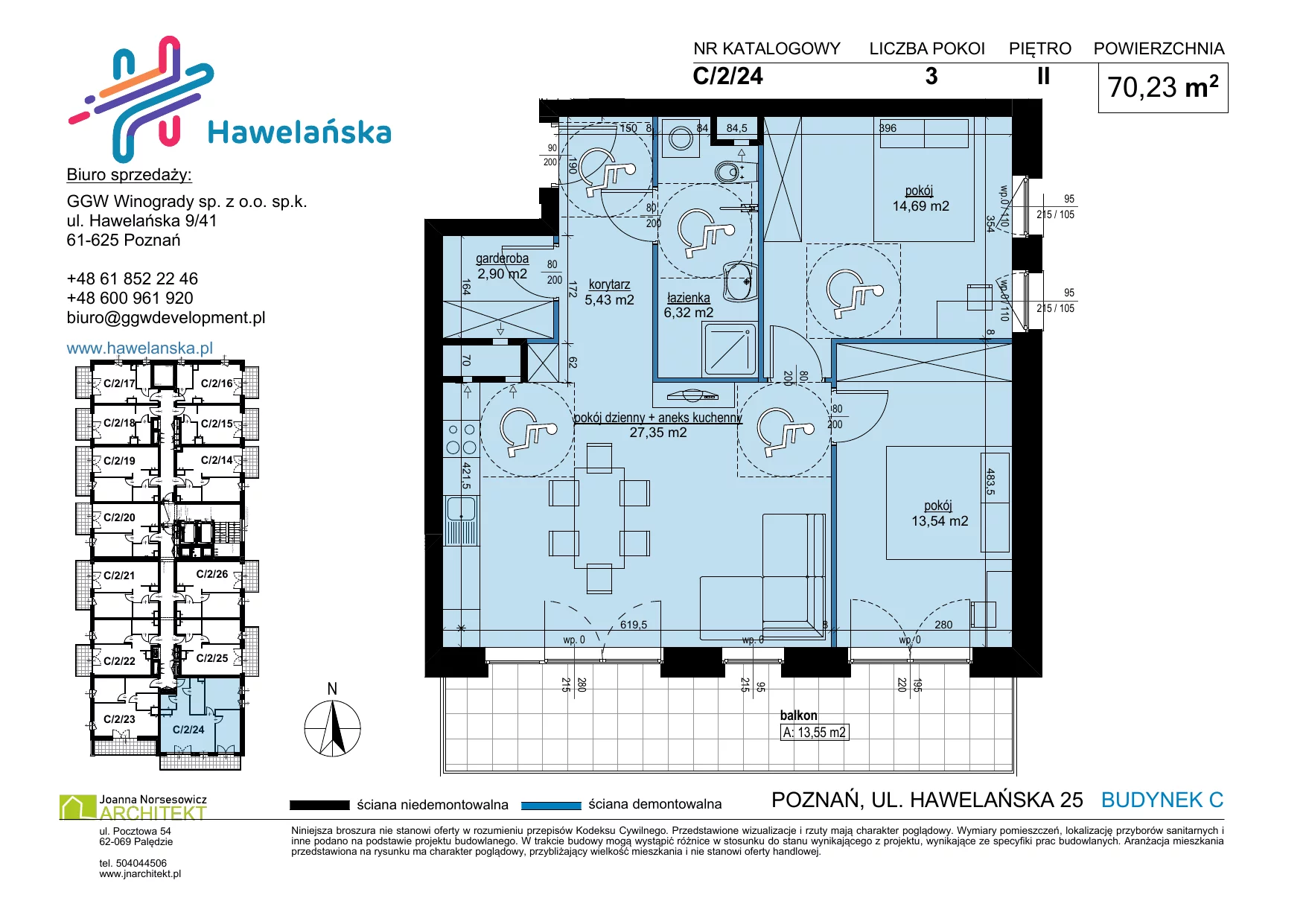 3 pokoje, mieszkanie 70,23 m², piętro 2, oferta nr C/2/24, Osiedle Hawelańska III etap, Poznań, Winogrady, ul. Hawelańska 25