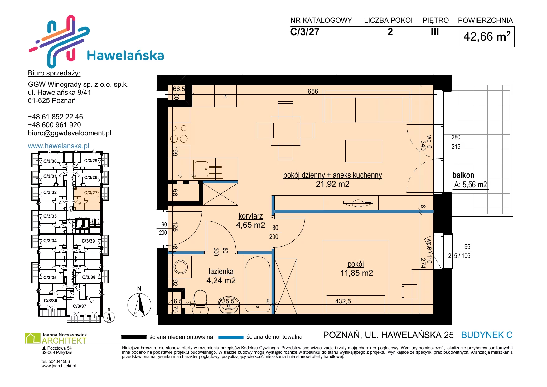 2 pokoje, mieszkanie 42,66 m², piętro 3, oferta nr C/3/27, Osiedle Hawelańska III etap, Poznań, Winogrady, ul. Hawelańska 25