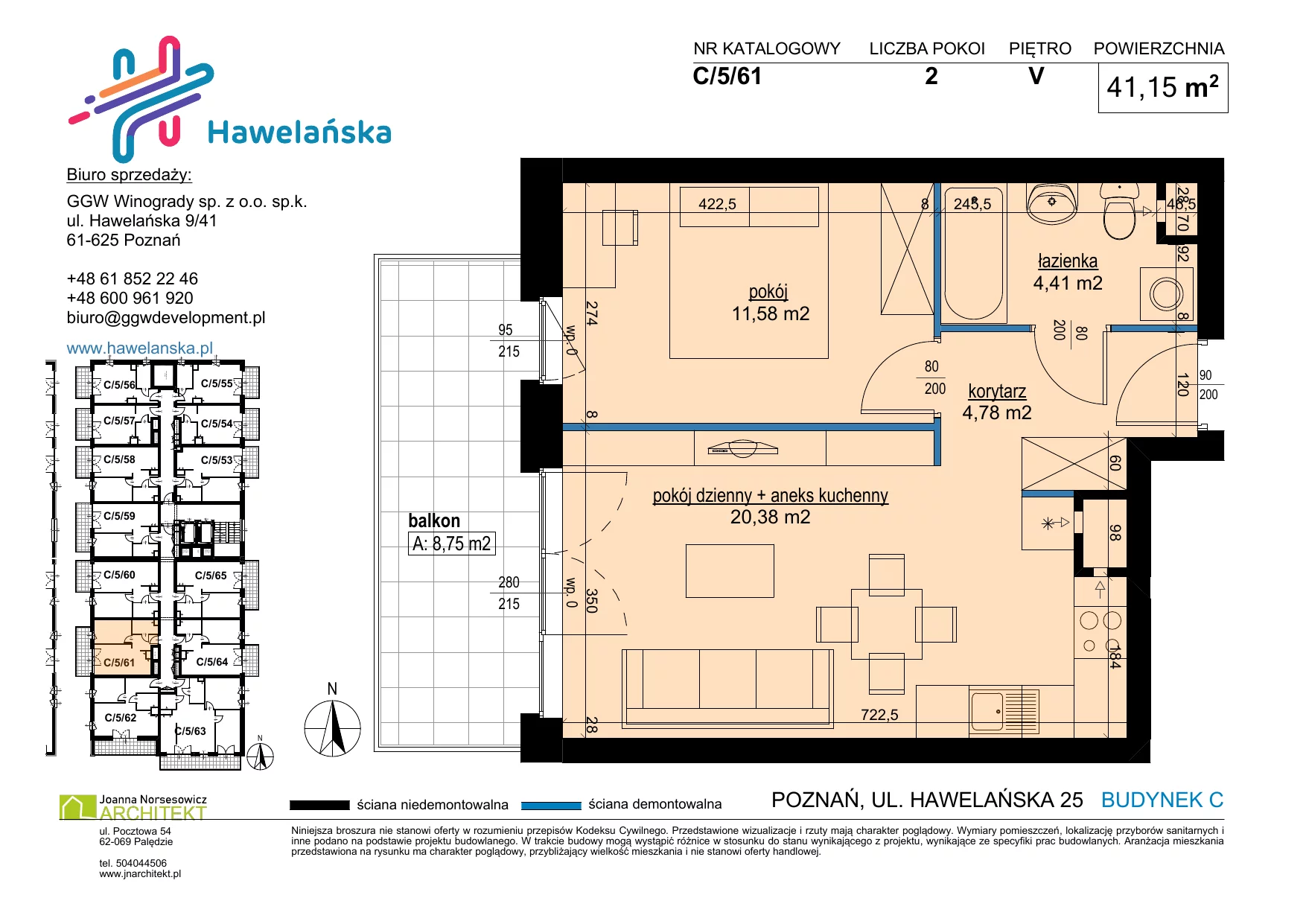 2 pokoje, mieszkanie 41,15 m², piętro 5, oferta nr C/5/61, Osiedle Hawelańska III etap, Poznań, Winogrady, ul. Hawelańska 25