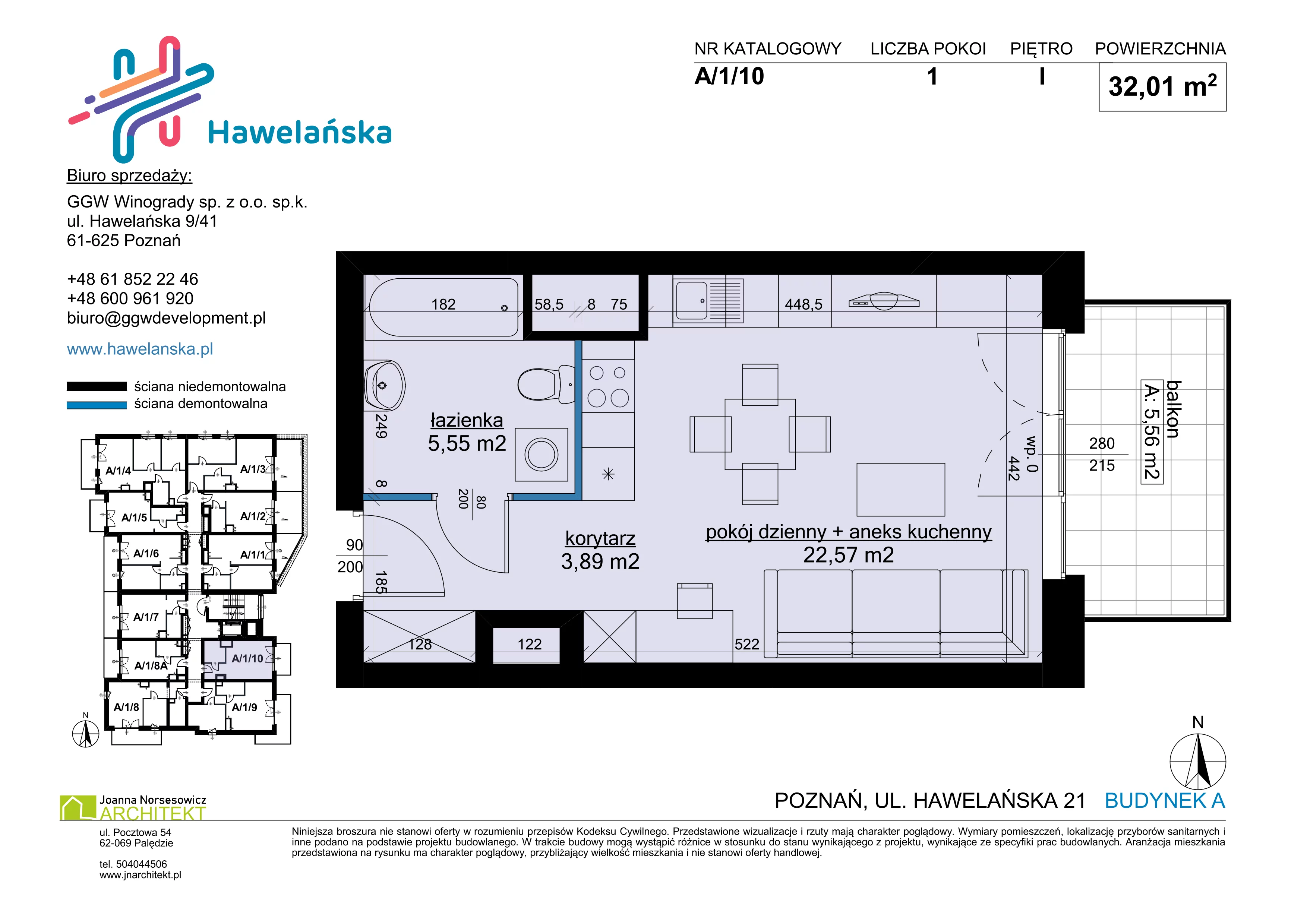 1 pokój, mieszkanie 32,01 m², piętro 1, oferta nr A/1/10, Osiedle Hawelańska III etap, Poznań, Winogrady, ul. Hawelańska 25
