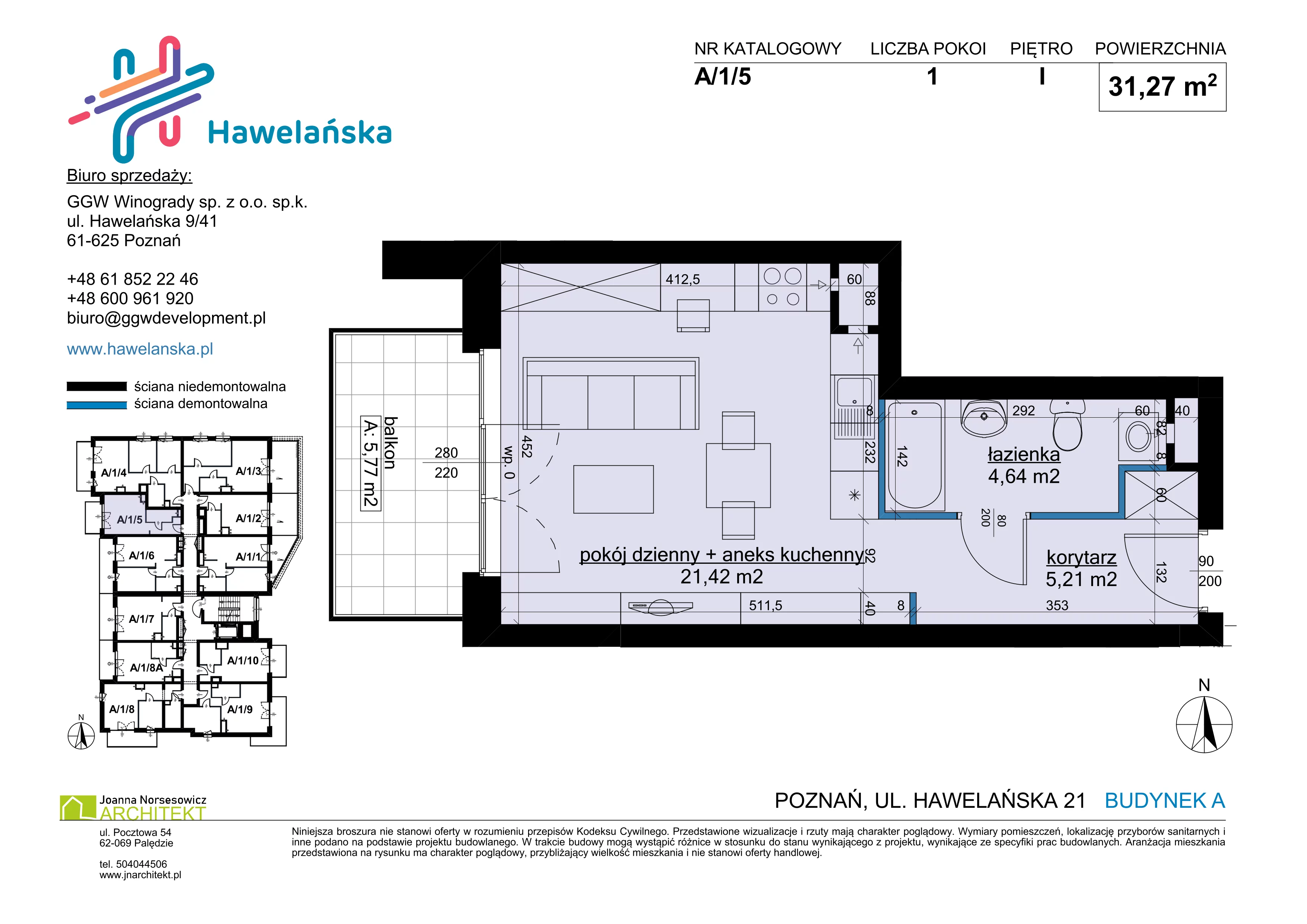 1 pokój, mieszkanie 31,27 m², piętro 1, oferta nr A/1/5, Osiedle Hawelańska III etap, Poznań, Winogrady, ul. Hawelańska 25
