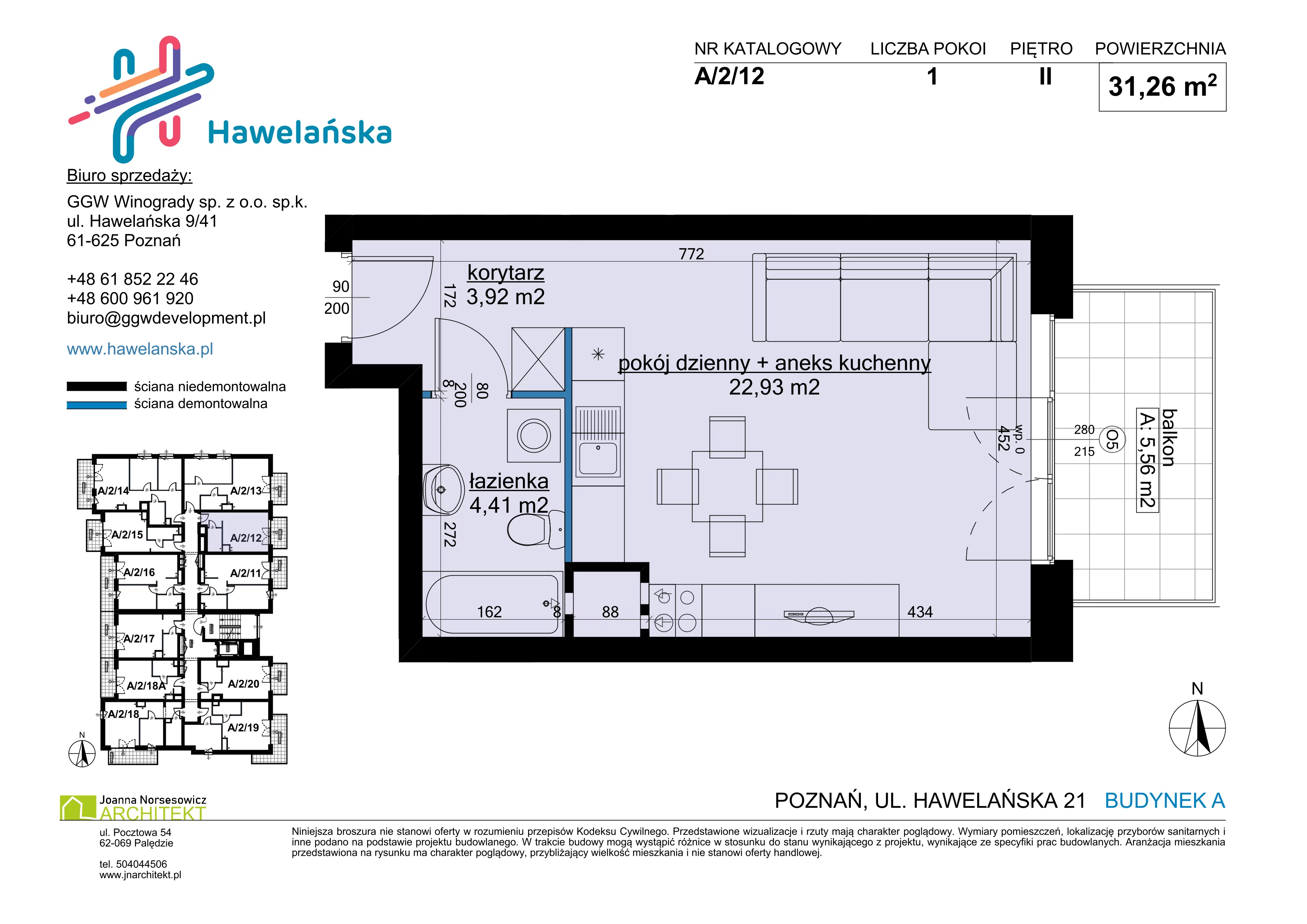 1 pokój, mieszkanie 31,26 m², piętro 2, oferta nr A/2/12, Osiedle Hawelańska III etap, Poznań, Winogrady, ul. Hawelańska 25