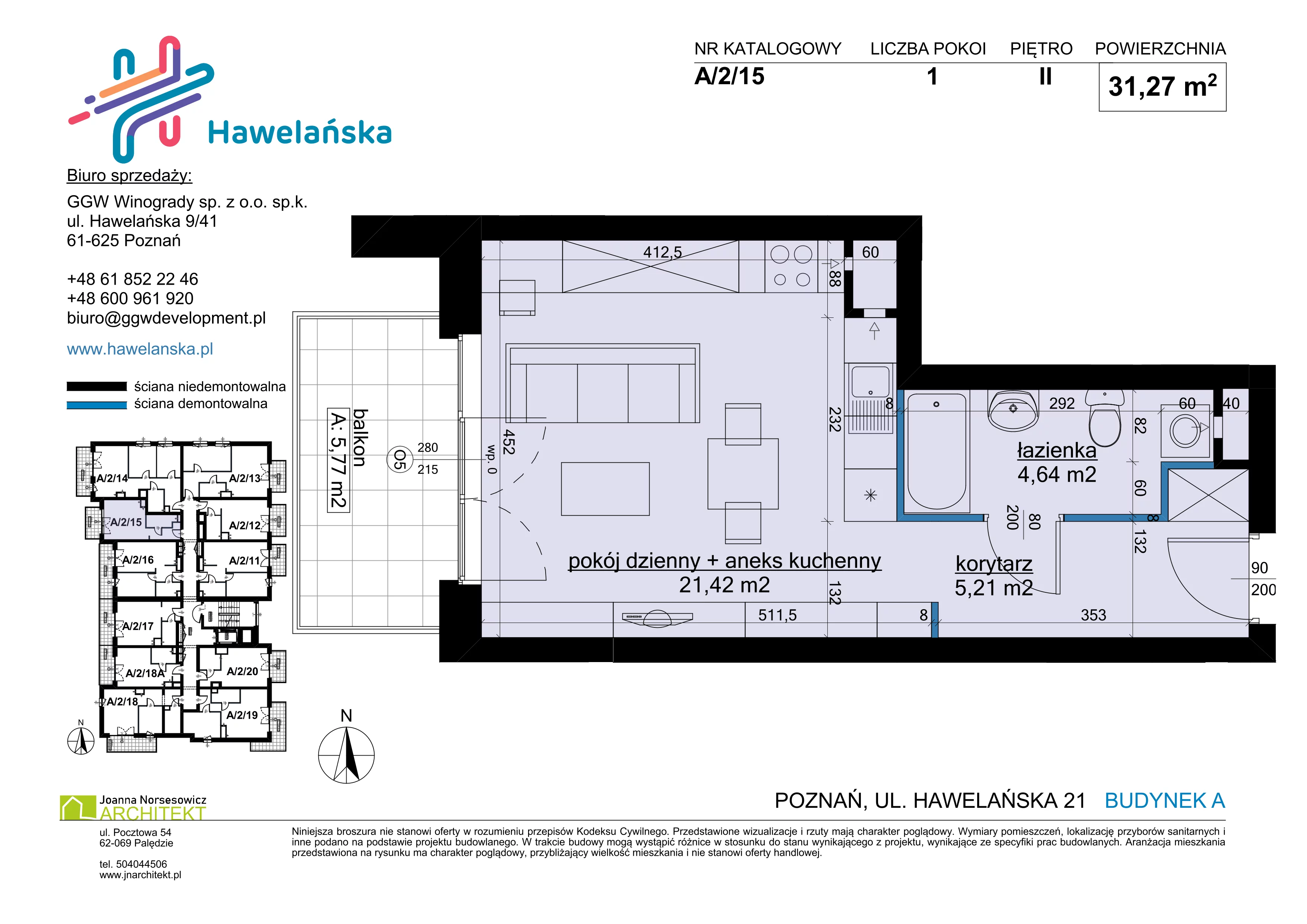 1 pokój, mieszkanie 31,27 m², piętro 2, oferta nr A/2/15, Osiedle Hawelańska III etap, Poznań, Winogrady, ul. Hawelańska 25