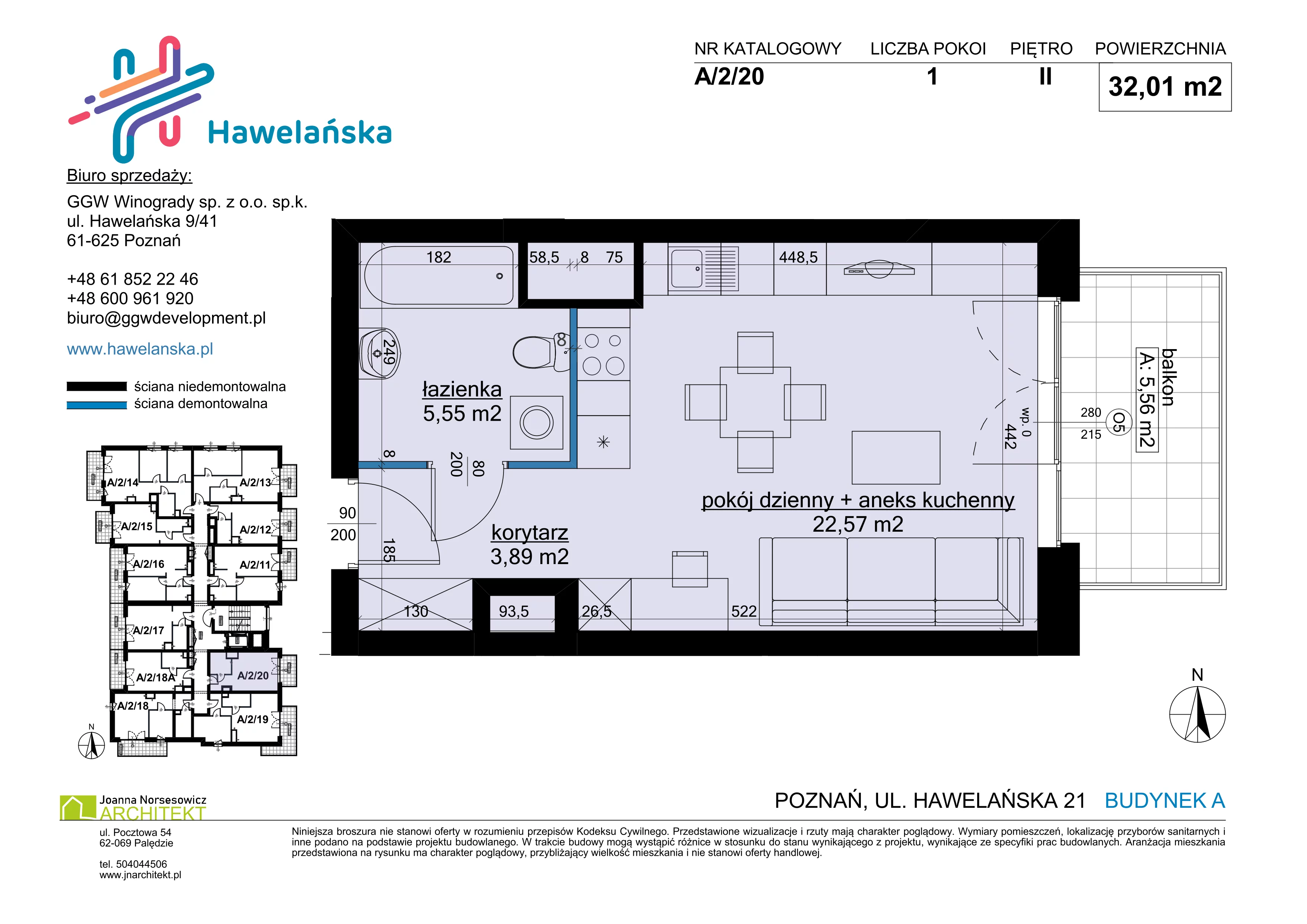 1 pokój, mieszkanie 32,01 m², piętro 2, oferta nr A/2/20, Osiedle Hawelańska III etap, Poznań, Winogrady, ul. Hawelańska 25