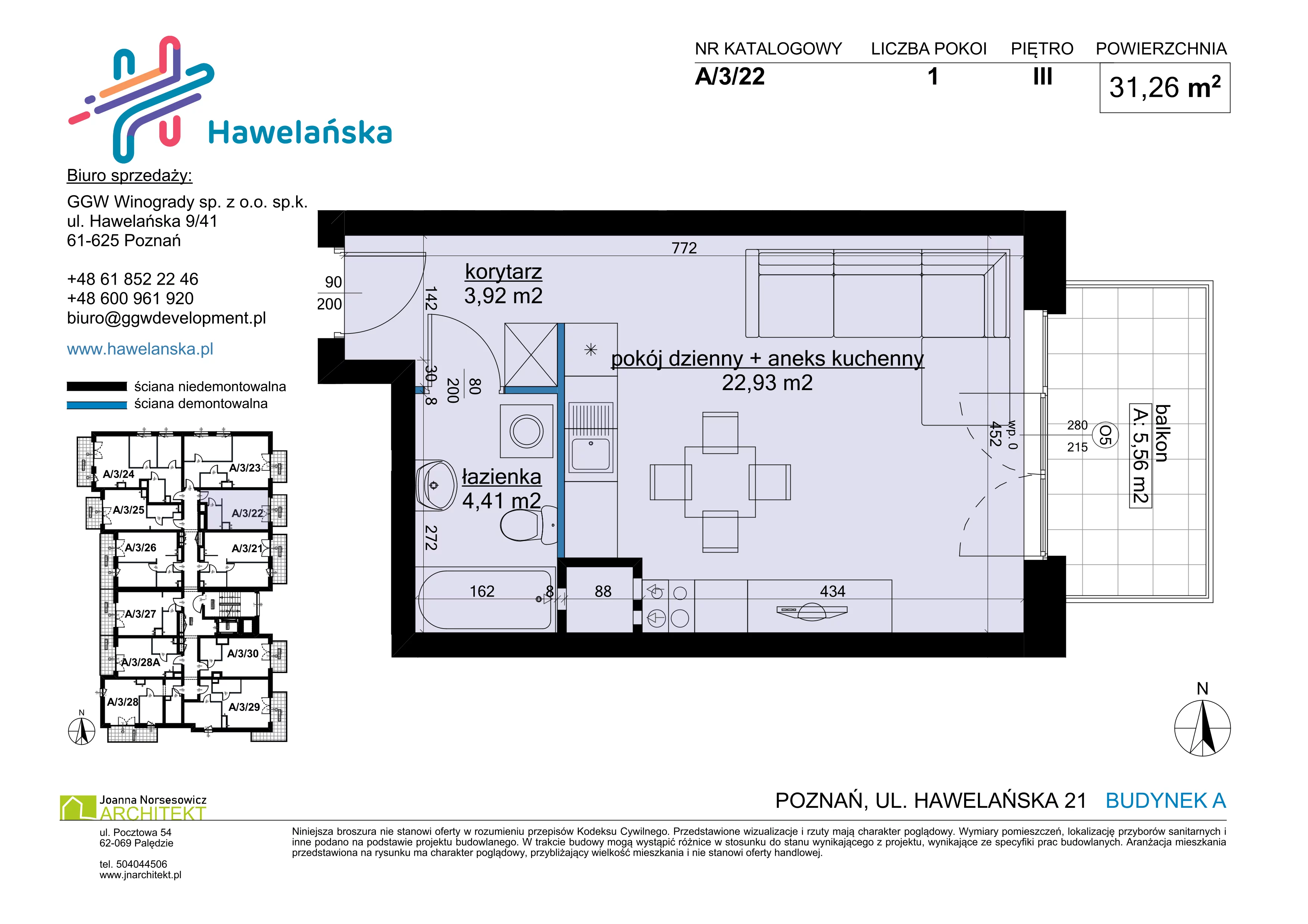 1 pokój, mieszkanie 31,26 m², piętro 3, oferta nr A/3/22, Osiedle Hawelańska III etap, Poznań, Winogrady, ul. Hawelańska 25