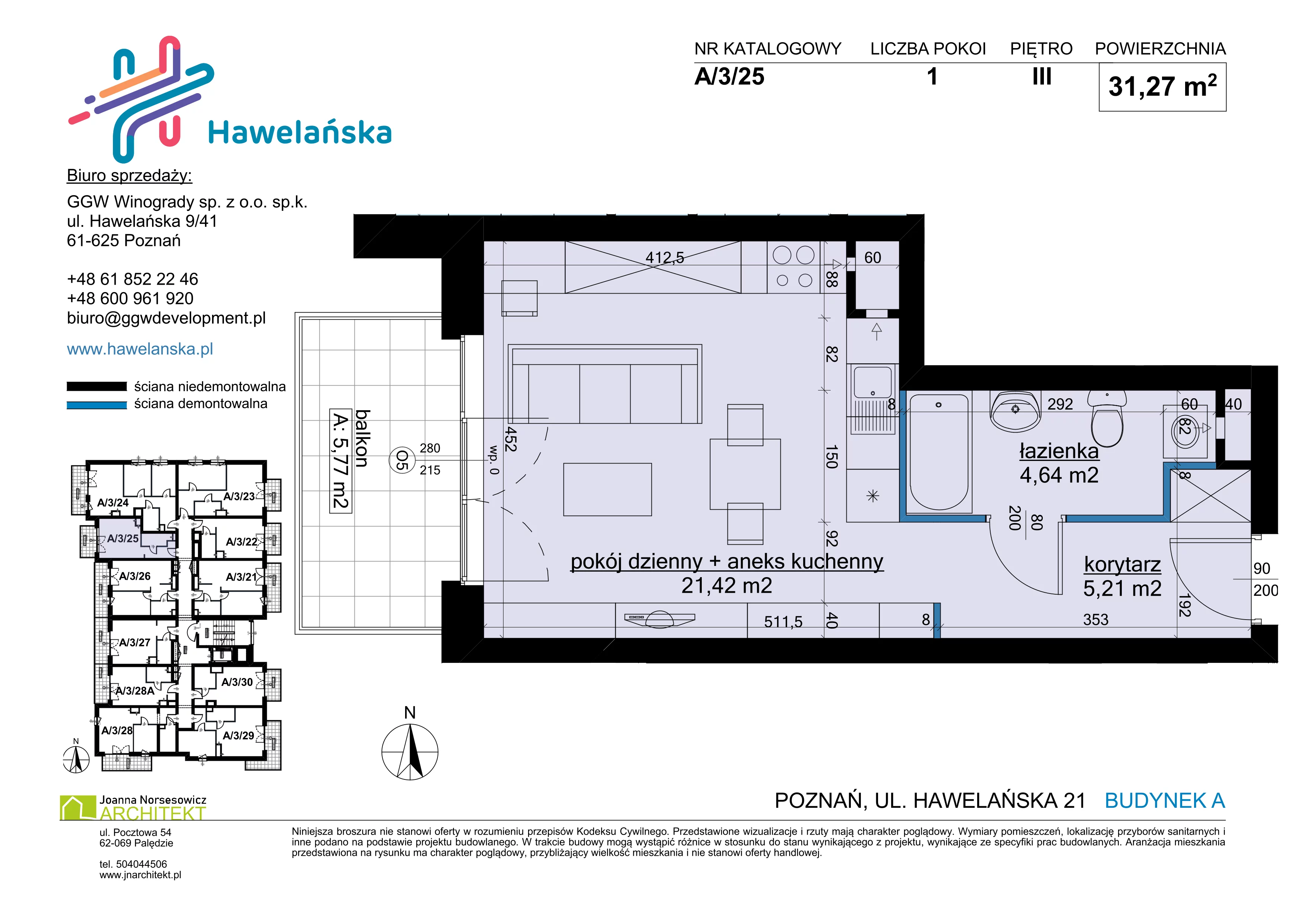 1 pokój, mieszkanie 31,27 m², piętro 3, oferta nr A/3/25, Osiedle Hawelańska III etap, Poznań, Winogrady, ul. Hawelańska 25