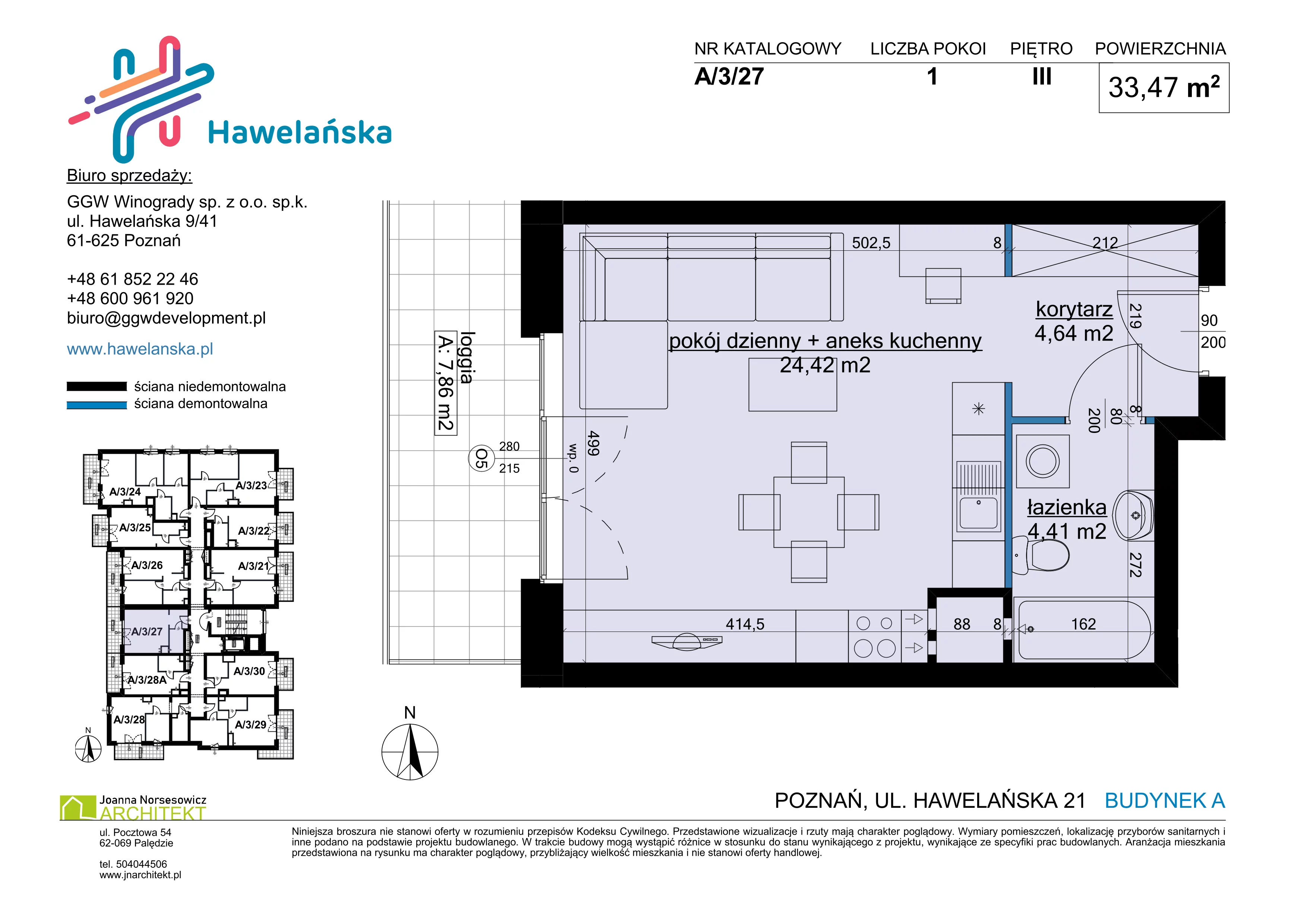 1 pokój, mieszkanie 33,47 m², piętro 3, oferta nr A/3/27, Osiedle Hawelańska III etap, Poznań, Winogrady, ul. Hawelańska 25