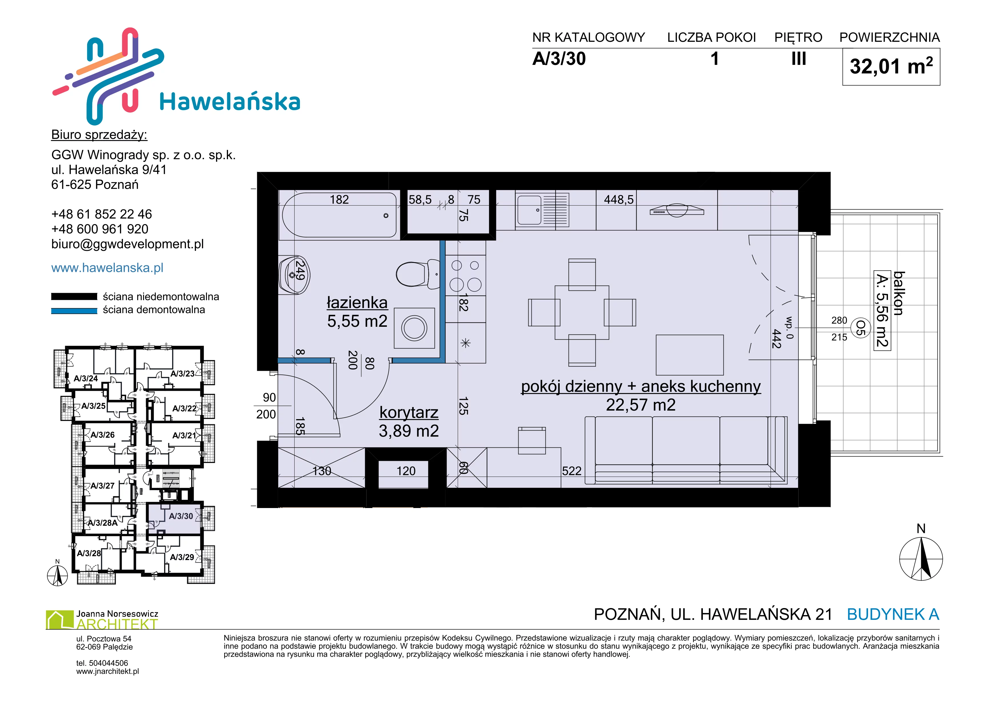 1 pokój, mieszkanie 32,01 m², piętro 3, oferta nr A/3/30, Osiedle Hawelańska III etap, Poznań, Winogrady, ul. Hawelańska 25