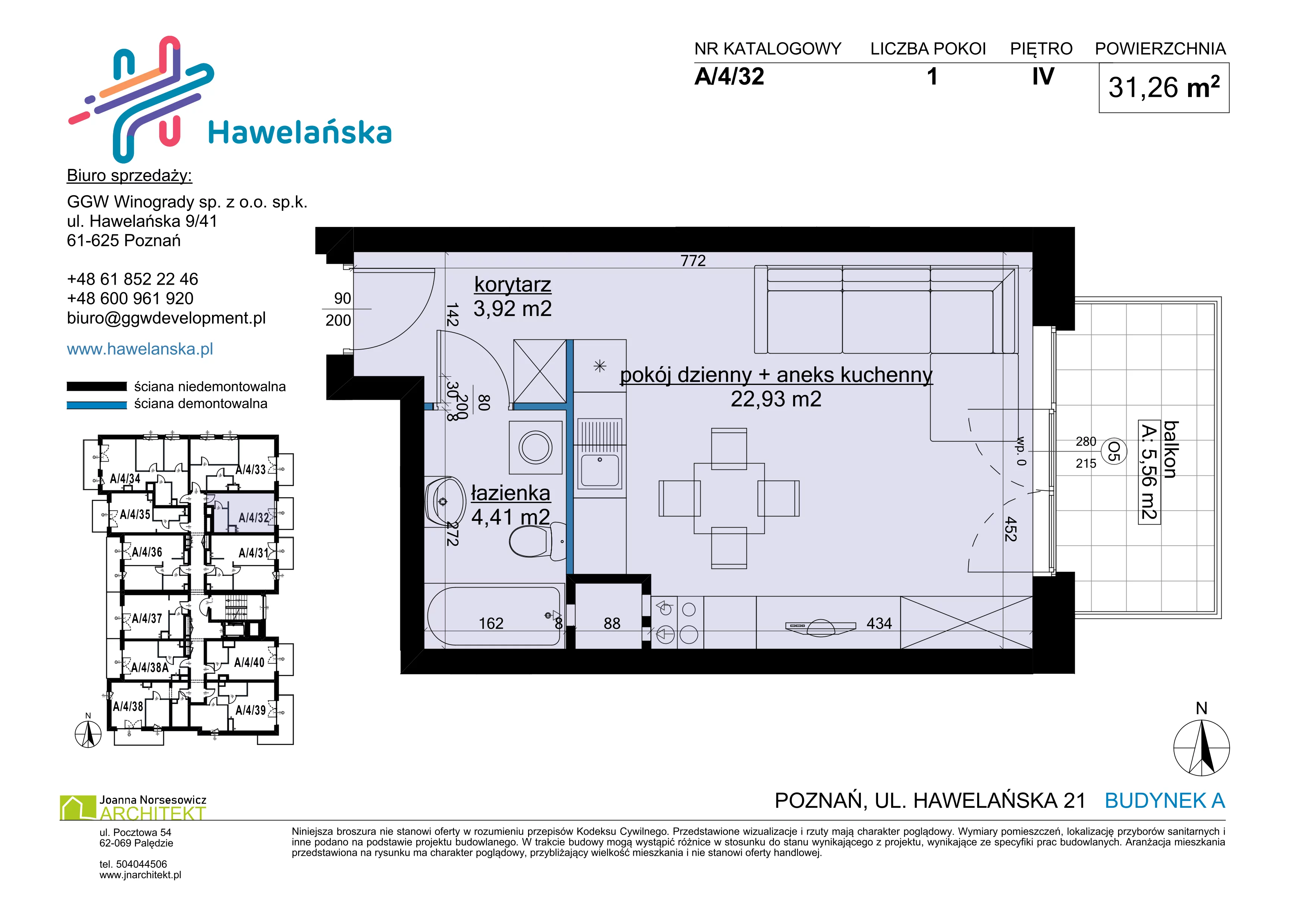 1 pokój, mieszkanie 31,26 m², piętro 4, oferta nr A/4/32, Osiedle Hawelańska III etap, Poznań, Winogrady, ul. Hawelańska 25