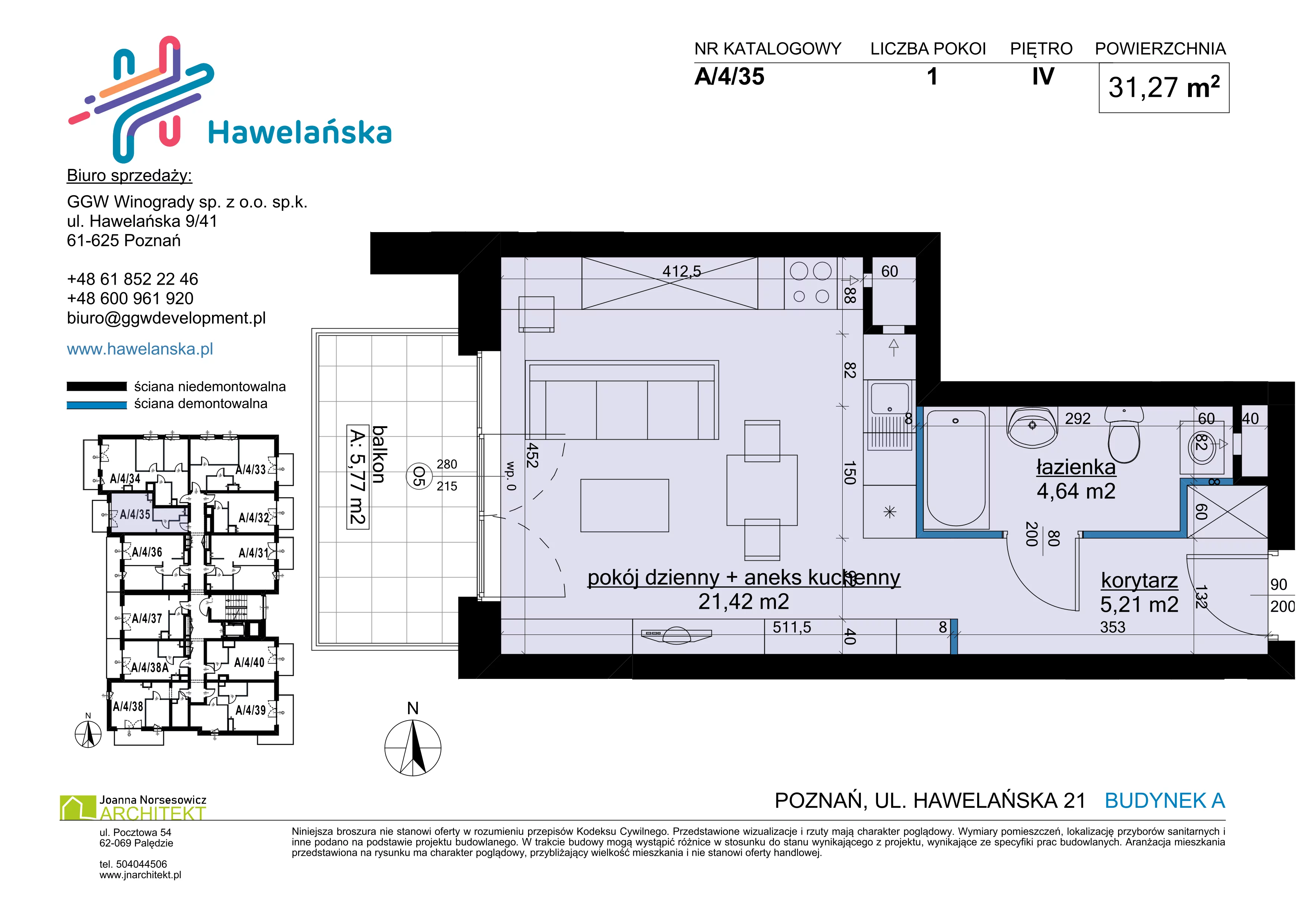 1 pokój, mieszkanie 31,27 m², piętro 4, oferta nr A/4/35, Osiedle Hawelańska III etap, Poznań, Winogrady, ul. Hawelańska 25