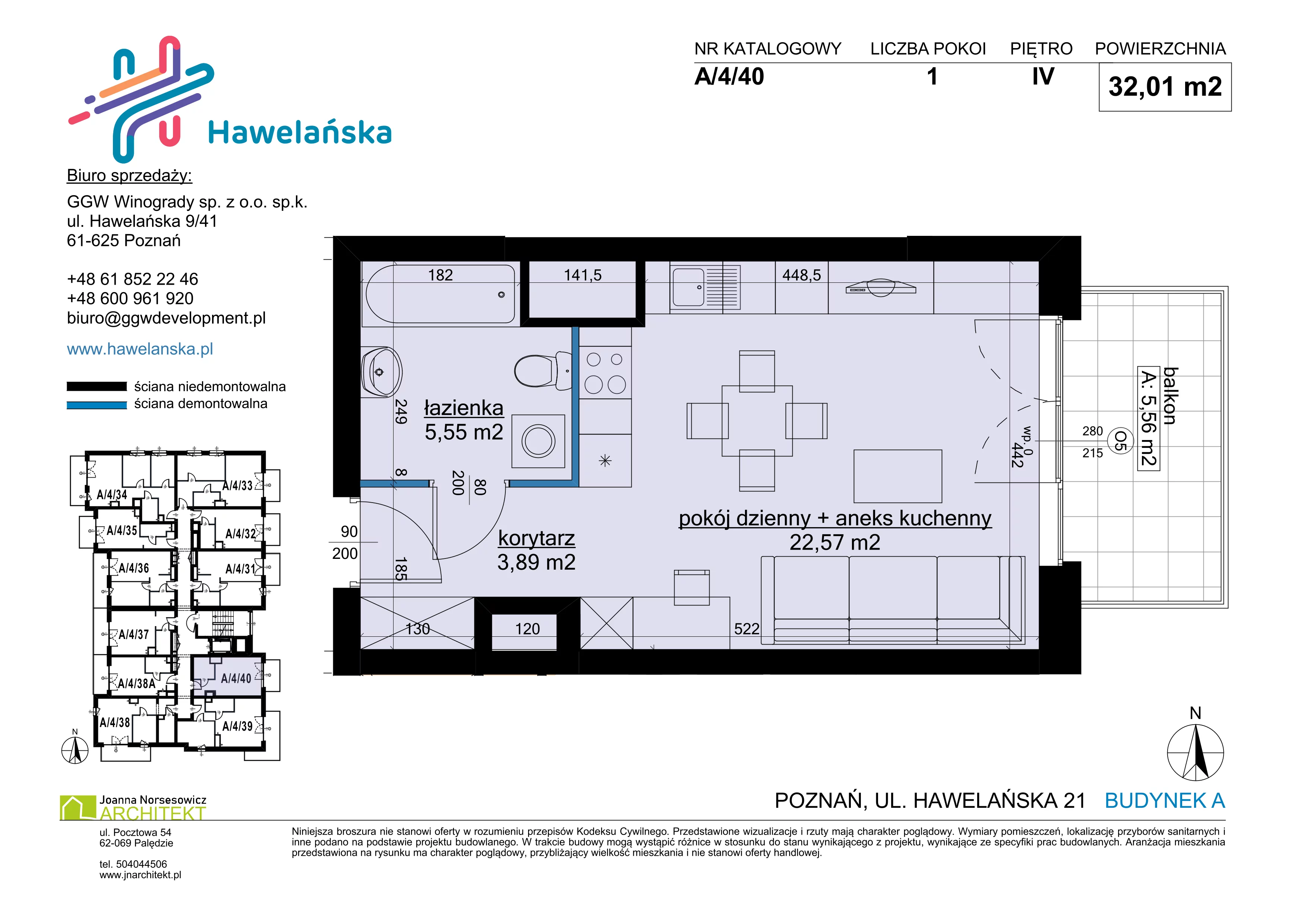 1 pokój, mieszkanie 32,01 m², piętro 4, oferta nr A/4/40, Osiedle Hawelańska III etap, Poznań, Winogrady, ul. Hawelańska 25