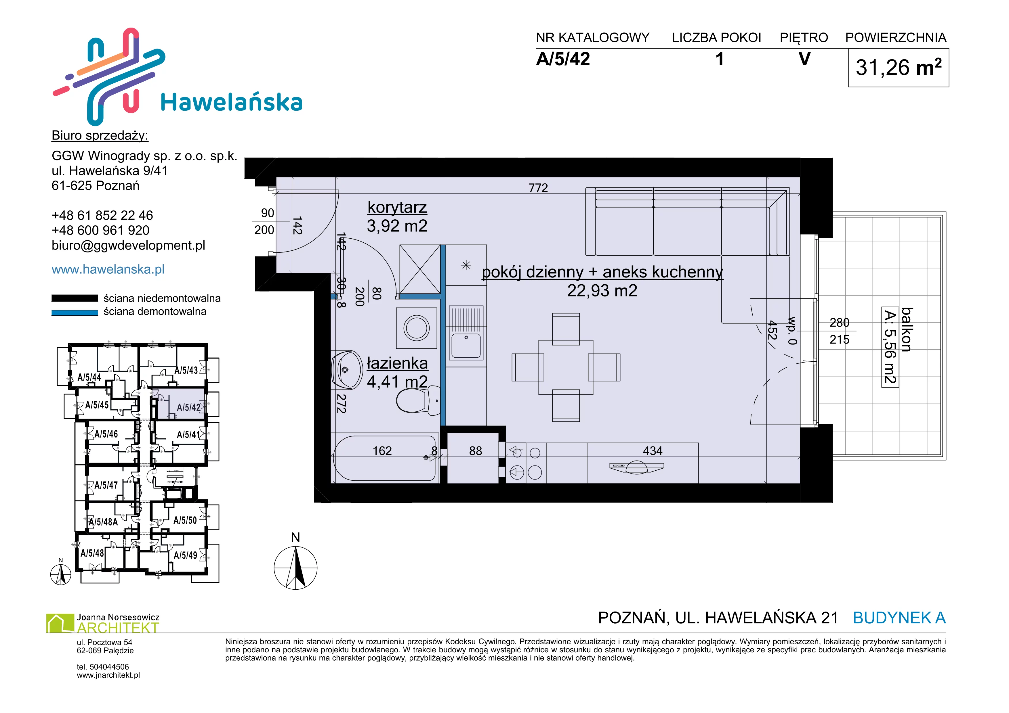 1 pokój, mieszkanie 31,26 m², piętro 5, oferta nr A/5/42, Osiedle Hawelańska III etap, Poznań, Winogrady, ul. Hawelańska 25