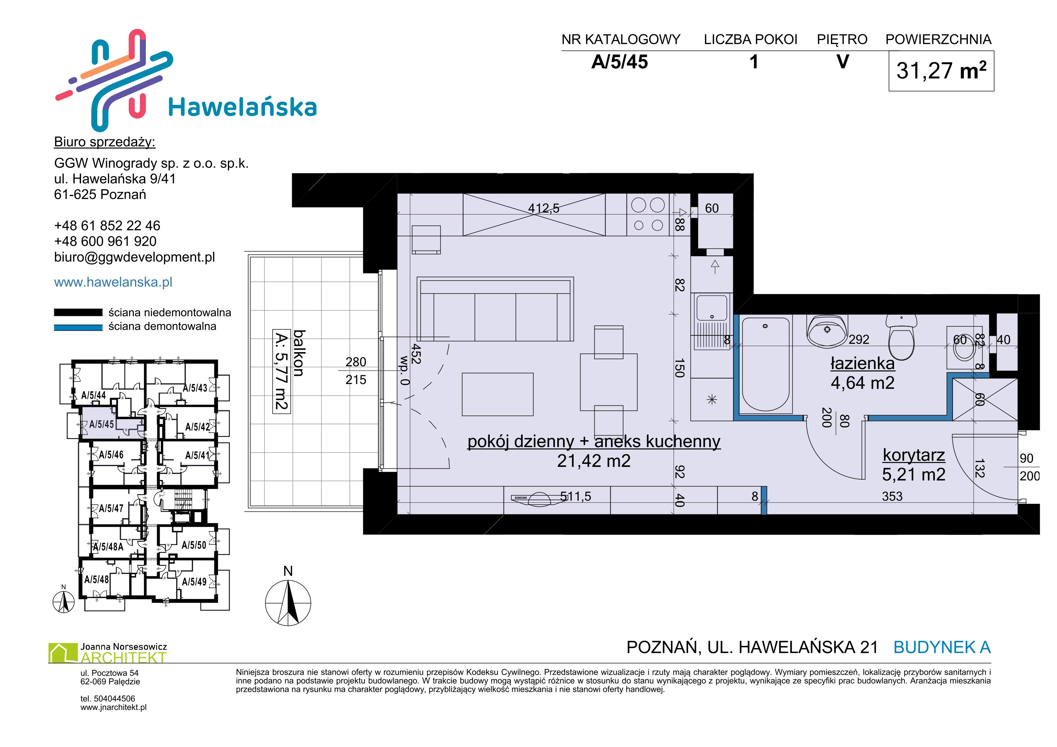 1 pokój, mieszkanie 31,27 m², piętro 5, oferta nr A/5/45, Osiedle Hawelańska III etap, Poznań, Winogrady, ul. Hawelańska 25