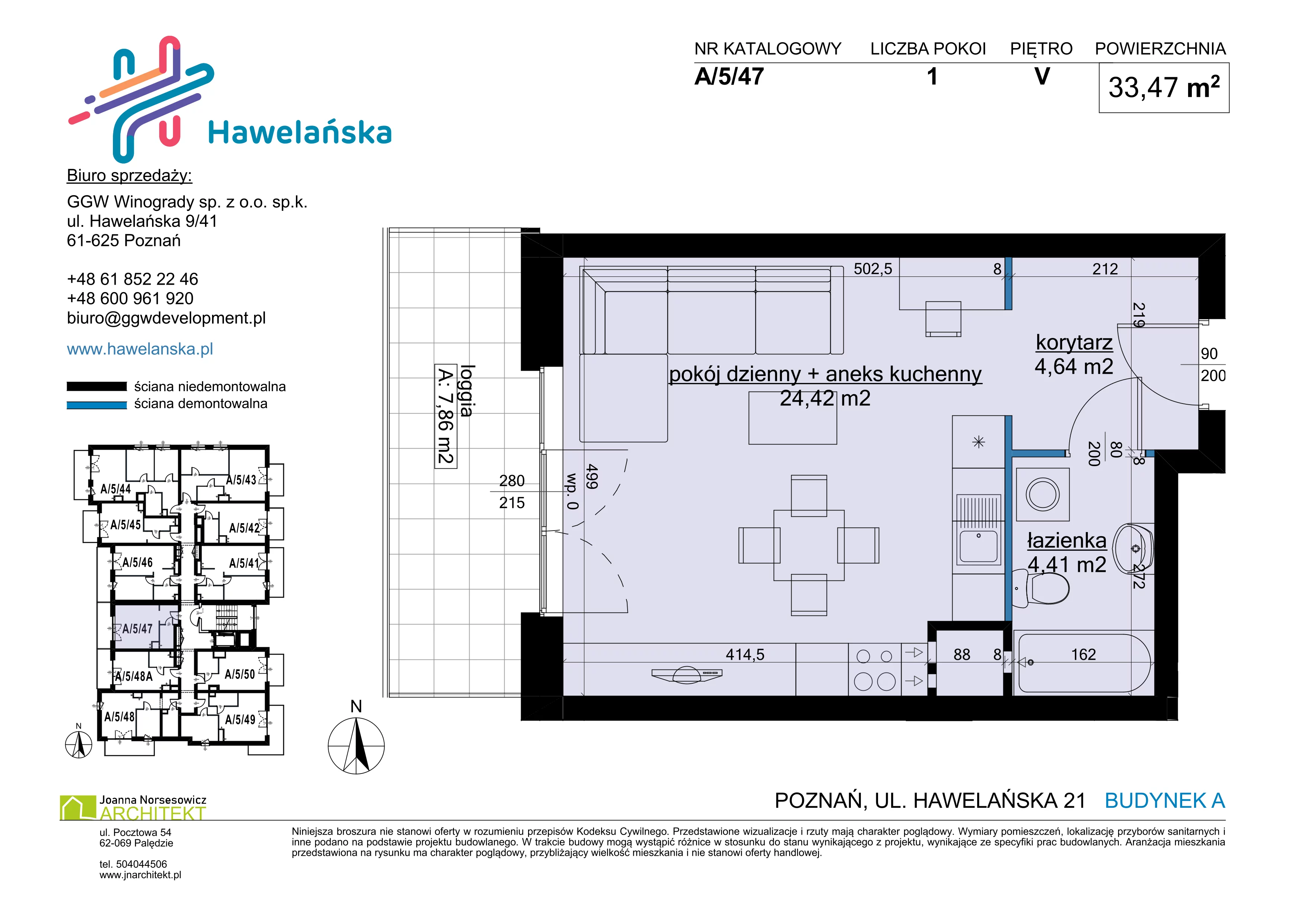 1 pokój, mieszkanie 33,47 m², piętro 5, oferta nr A/5/47, Osiedle Hawelańska III etap, Poznań, Winogrady, ul. Hawelańska 25