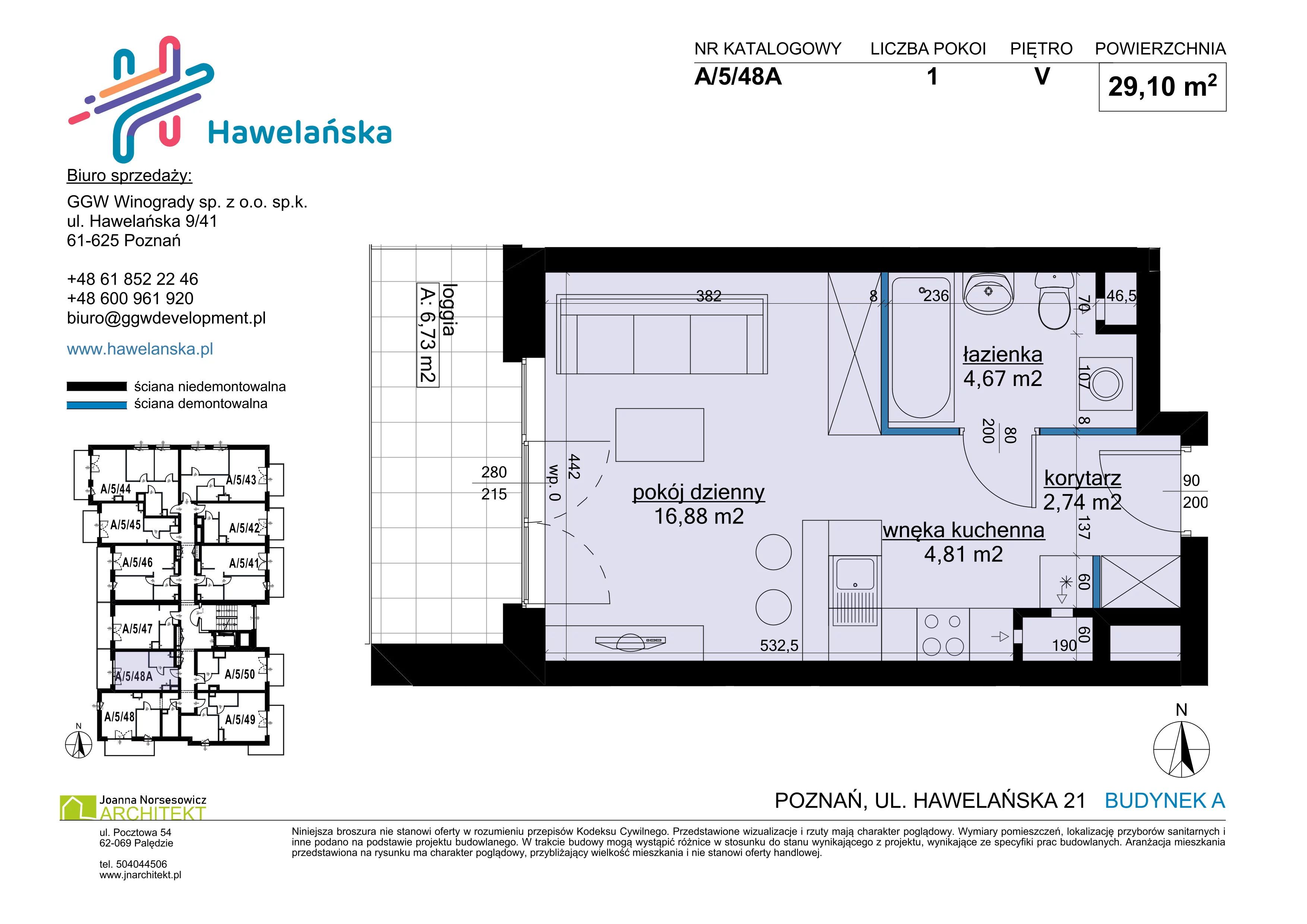 1 pokój, mieszkanie 29,10 m², piętro 5, oferta nr A/5/48A, Osiedle Hawelańska III etap, Poznań, Winogrady, ul. Hawelańska 25