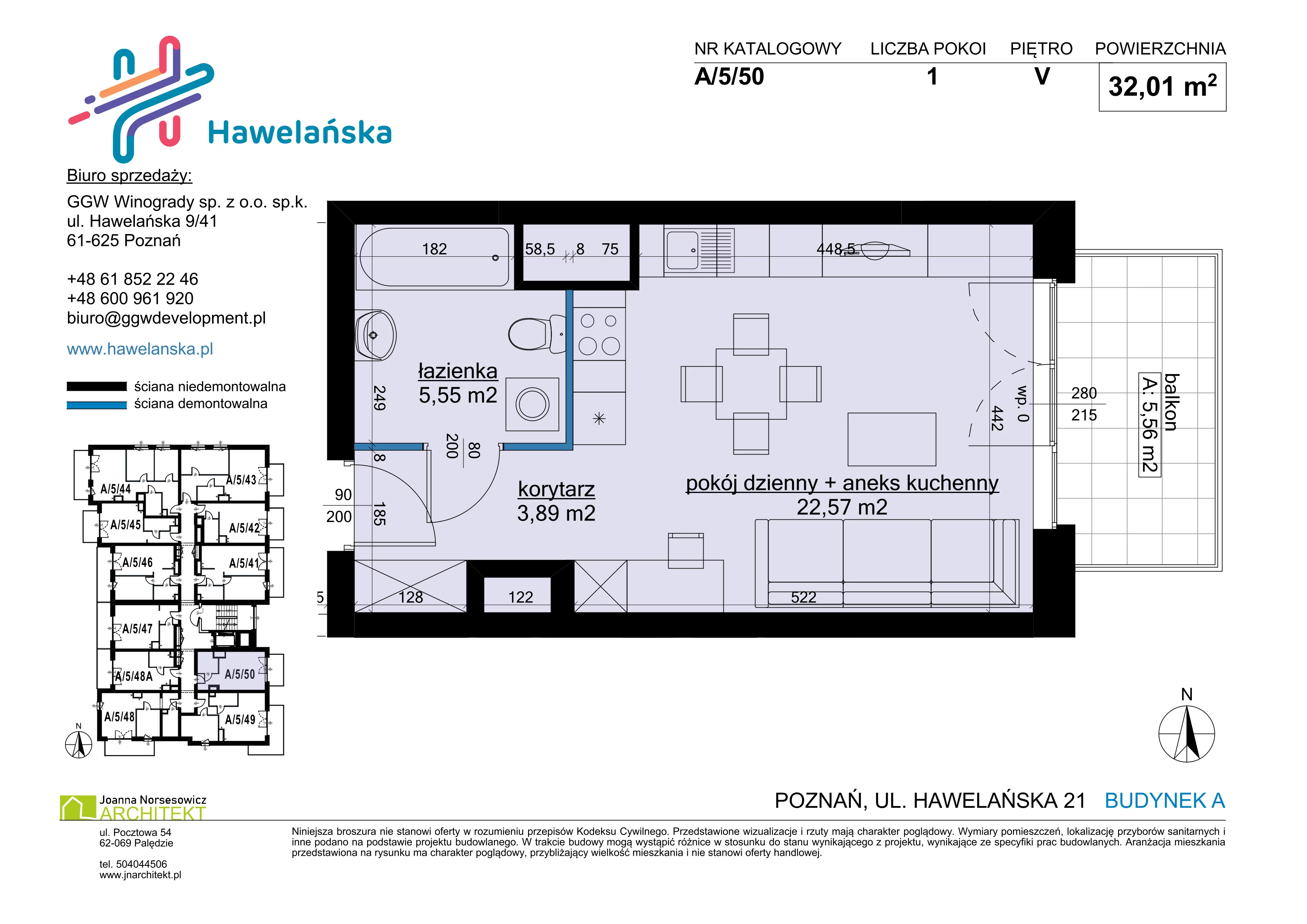 1 pokój, mieszkanie 32,01 m², piętro 5, oferta nr A/5/50, Osiedle Hawelańska III etap, Poznań, Winogrady, ul. Hawelańska 25