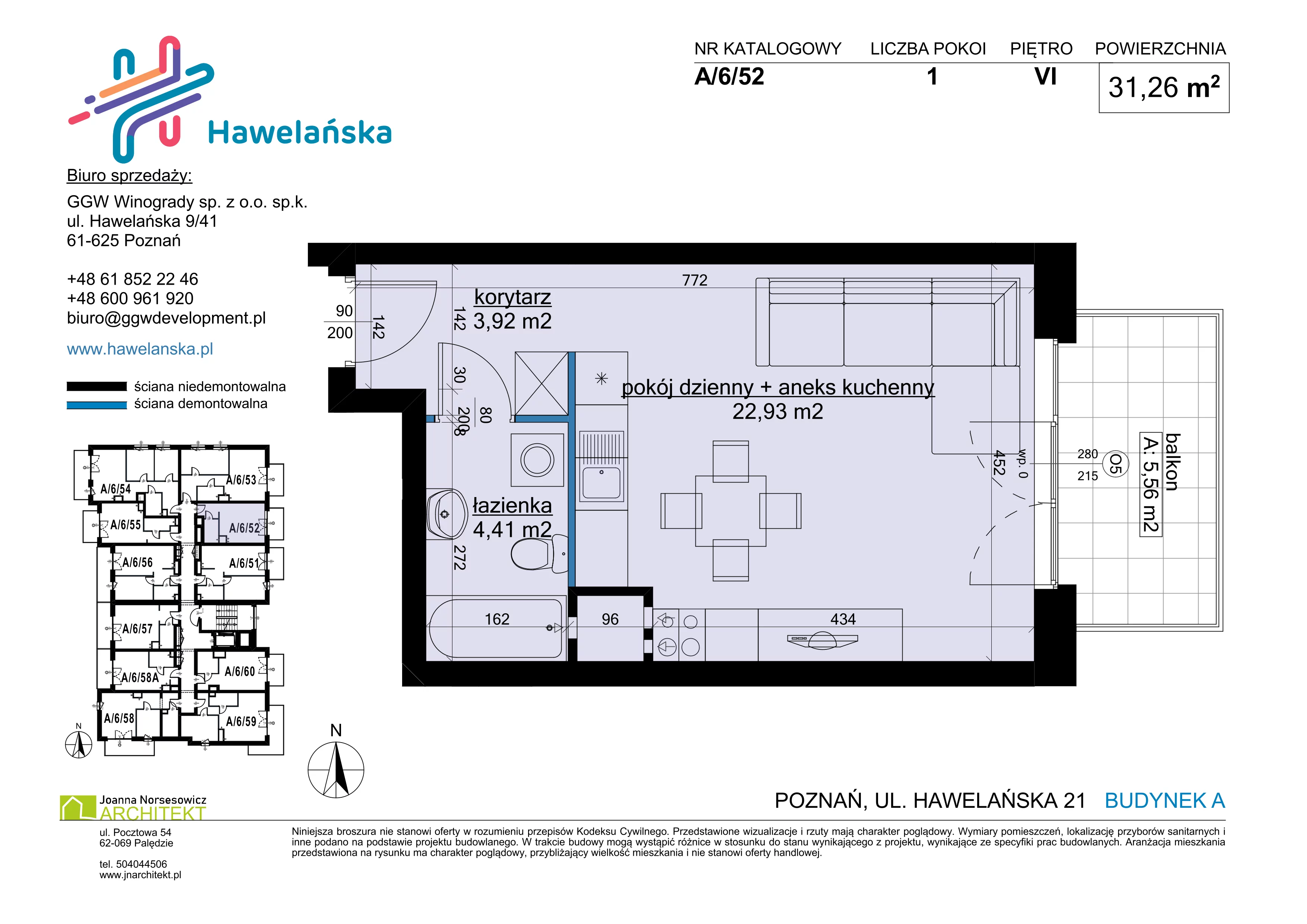 1 pokój, mieszkanie 31,26 m², piętro 6, oferta nr A/6/52, Osiedle Hawelańska III etap, Poznań, Winogrady, ul. Hawelańska 25