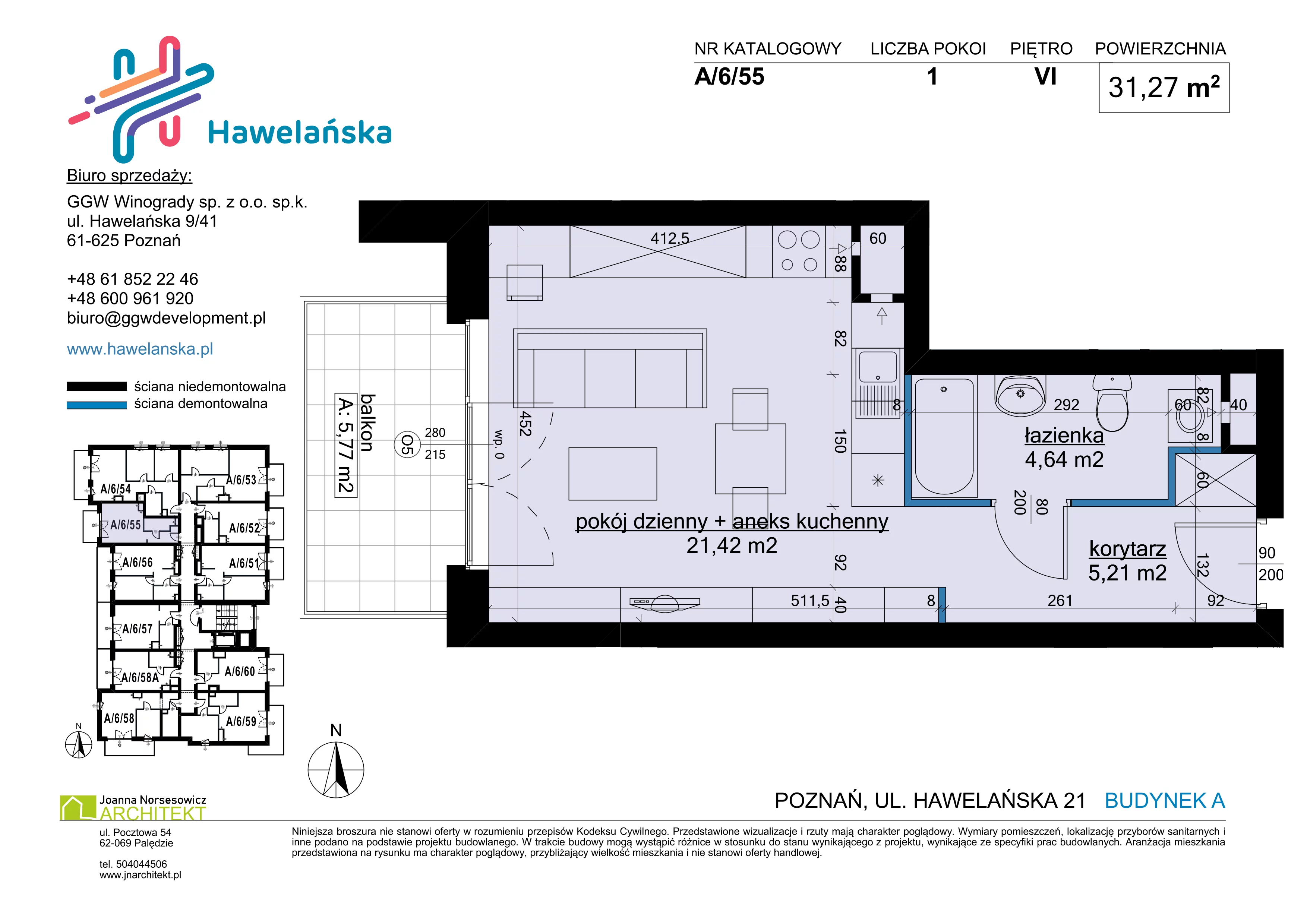 1 pokój, mieszkanie 31,27 m², piętro 6, oferta nr A/6/55, Osiedle Hawelańska III etap, Poznań, Winogrady, ul. Hawelańska 25
