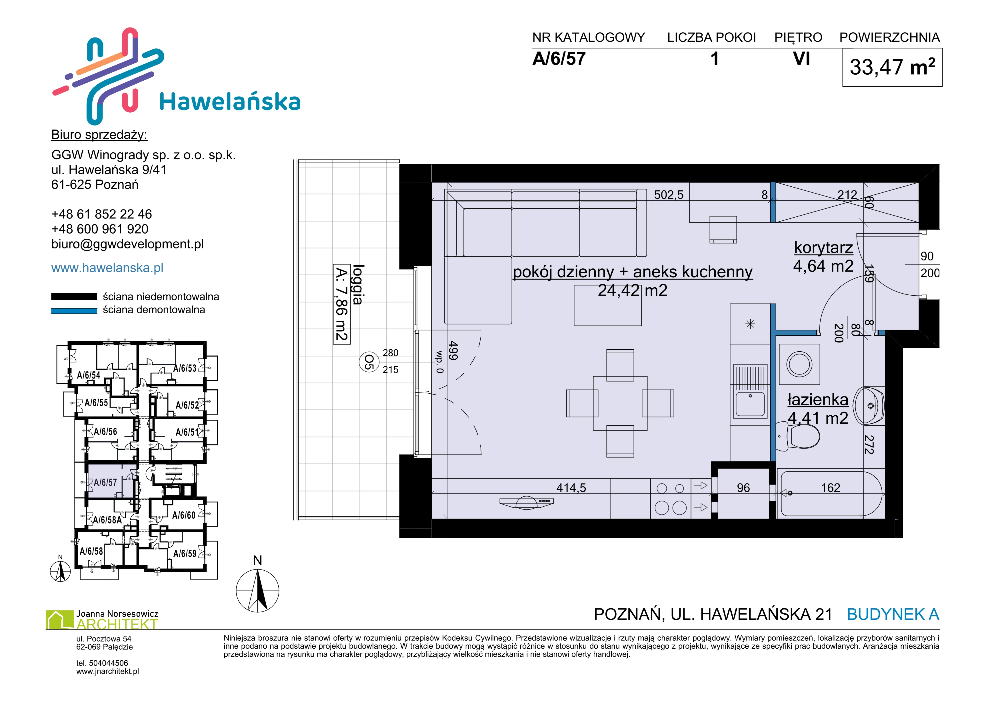 1 pokój, mieszkanie 33,47 m², piętro 6, oferta nr A/6/57, Osiedle Hawelańska III etap, Poznań, Winogrady, ul. Hawelańska 25