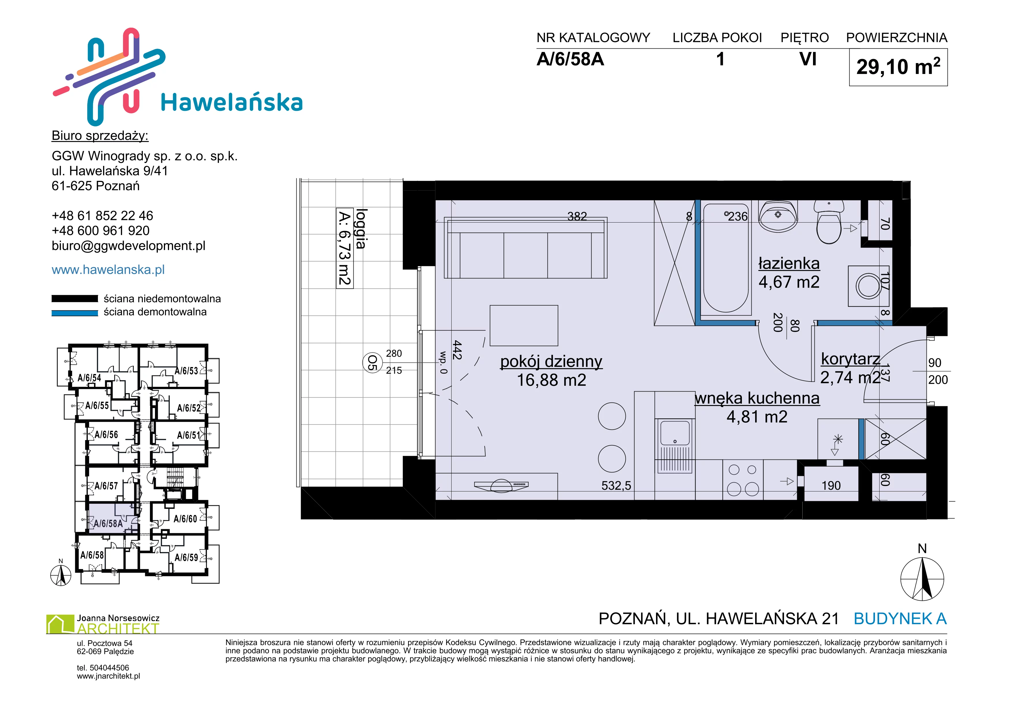 1 pokój, mieszkanie 29,10 m², piętro 6, oferta nr A/6/58A, Osiedle Hawelańska III etap, Poznań, Winogrady, ul. Hawelańska 25