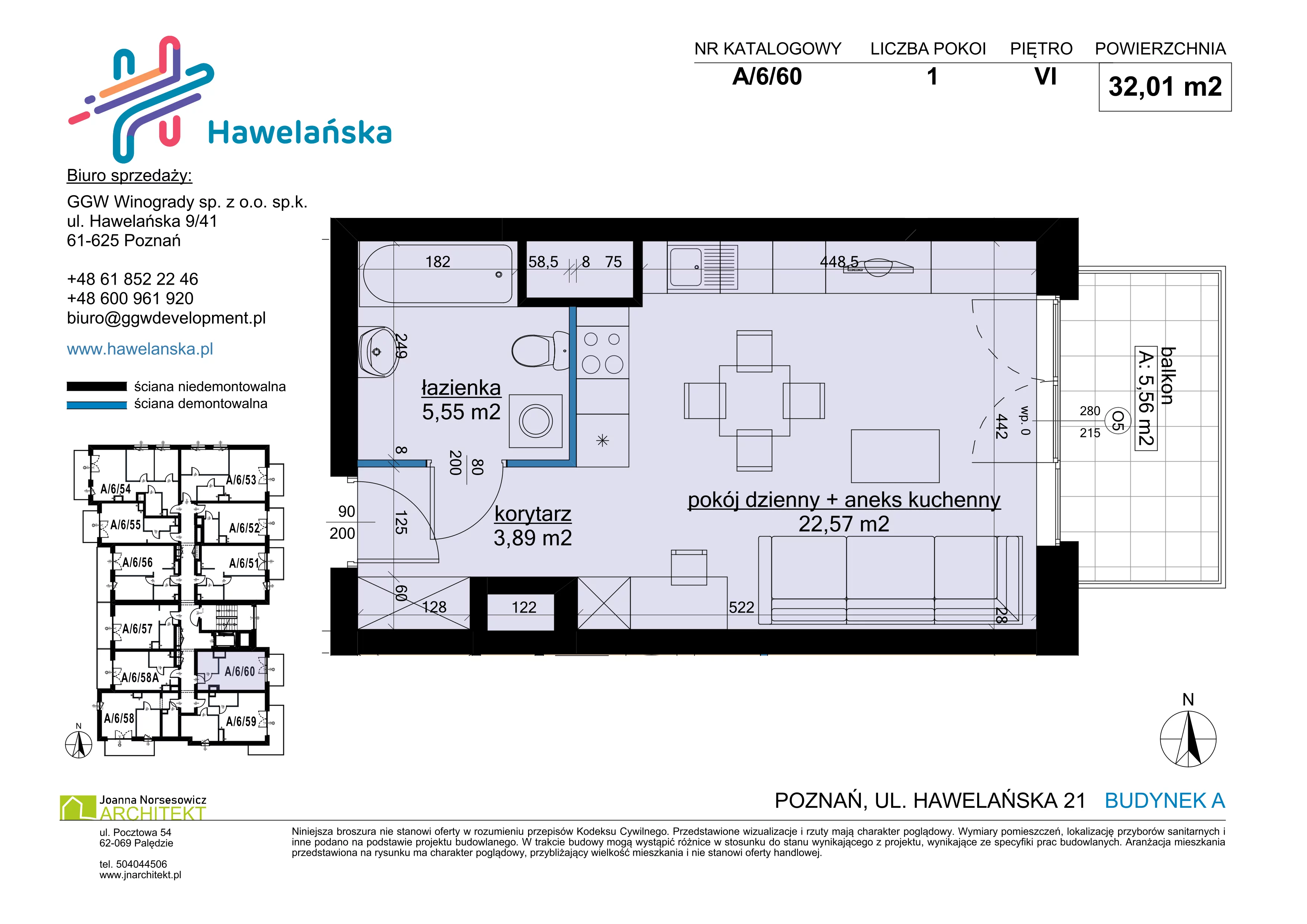 1 pokój, mieszkanie 32,01 m², piętro 6, oferta nr A/6/60, Osiedle Hawelańska III etap, Poznań, Winogrady, ul. Hawelańska 25