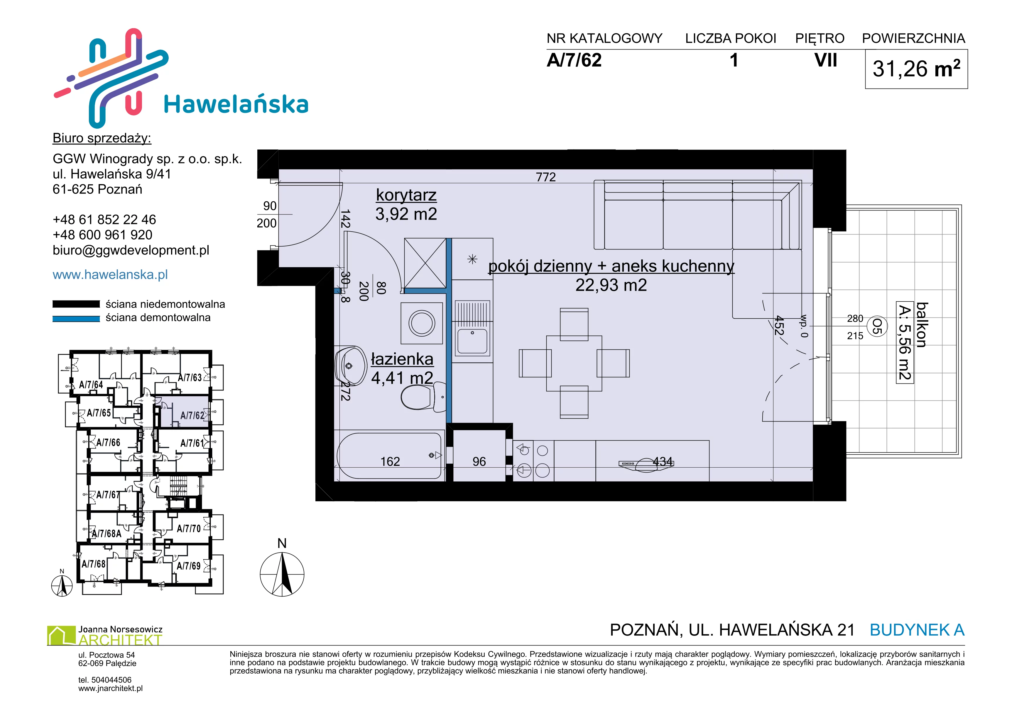 1 pokój, mieszkanie 31,26 m², piętro 7, oferta nr A/7/62, Osiedle Hawelańska III etap, Poznań, Winogrady, ul. Hawelańska 25