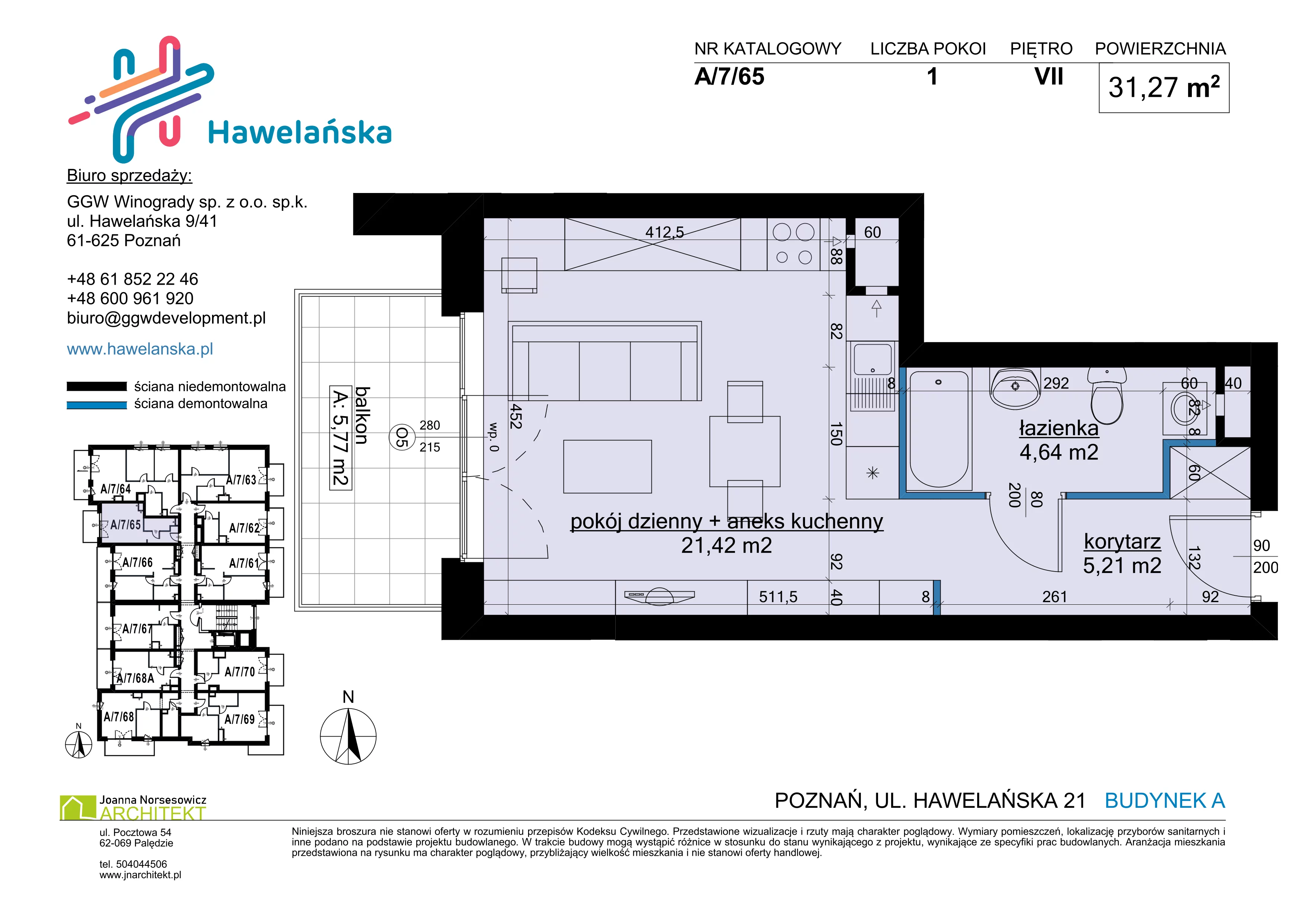 1 pokój, mieszkanie 31,27 m², piętro 7, oferta nr A/7/65, Osiedle Hawelańska III etap, Poznań, Winogrady, ul. Hawelańska 25