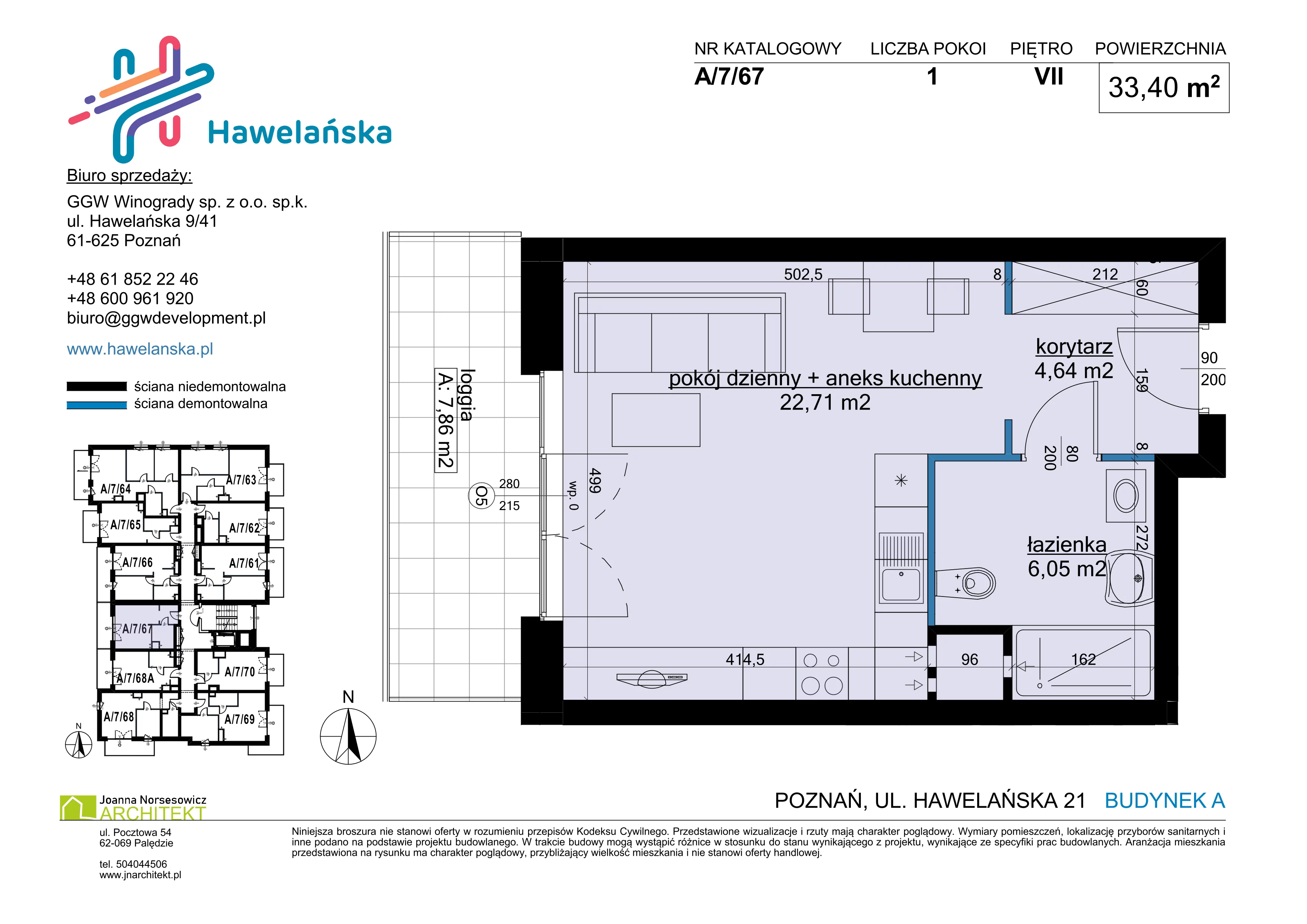 1 pokój, mieszkanie 33,40 m², piętro 7, oferta nr A/7/67, Osiedle Hawelańska III etap, Poznań, Winogrady, ul. Hawelańska 25