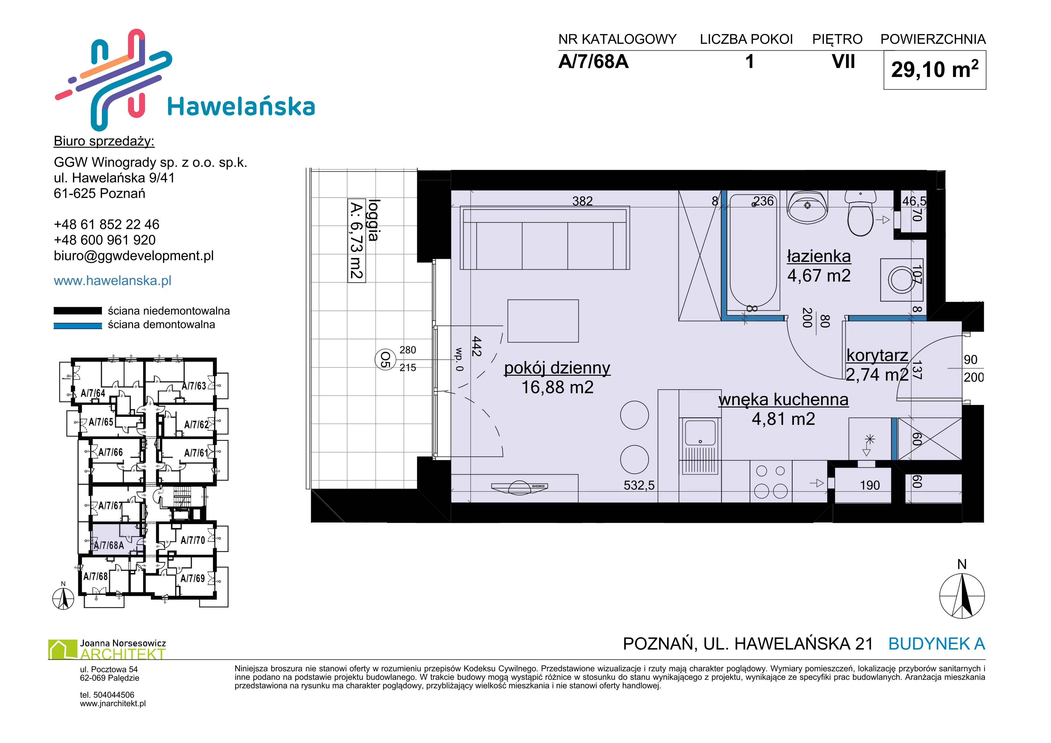1 pokój, mieszkanie 29,10 m², piętro 7, oferta nr A/7/68A, Osiedle Hawelańska III etap, Poznań, Winogrady, ul. Hawelańska 25