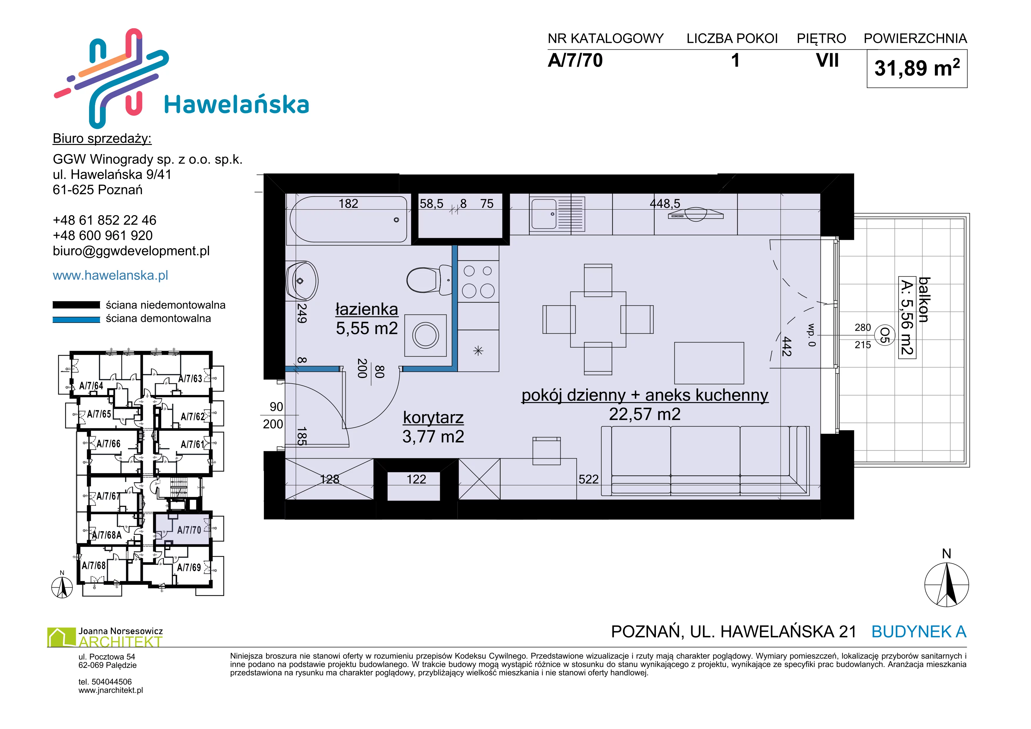 1 pokój, mieszkanie 31,89 m², piętro 7, oferta nr A/7/70, Osiedle Hawelańska III etap, Poznań, Winogrady, ul. Hawelańska 25