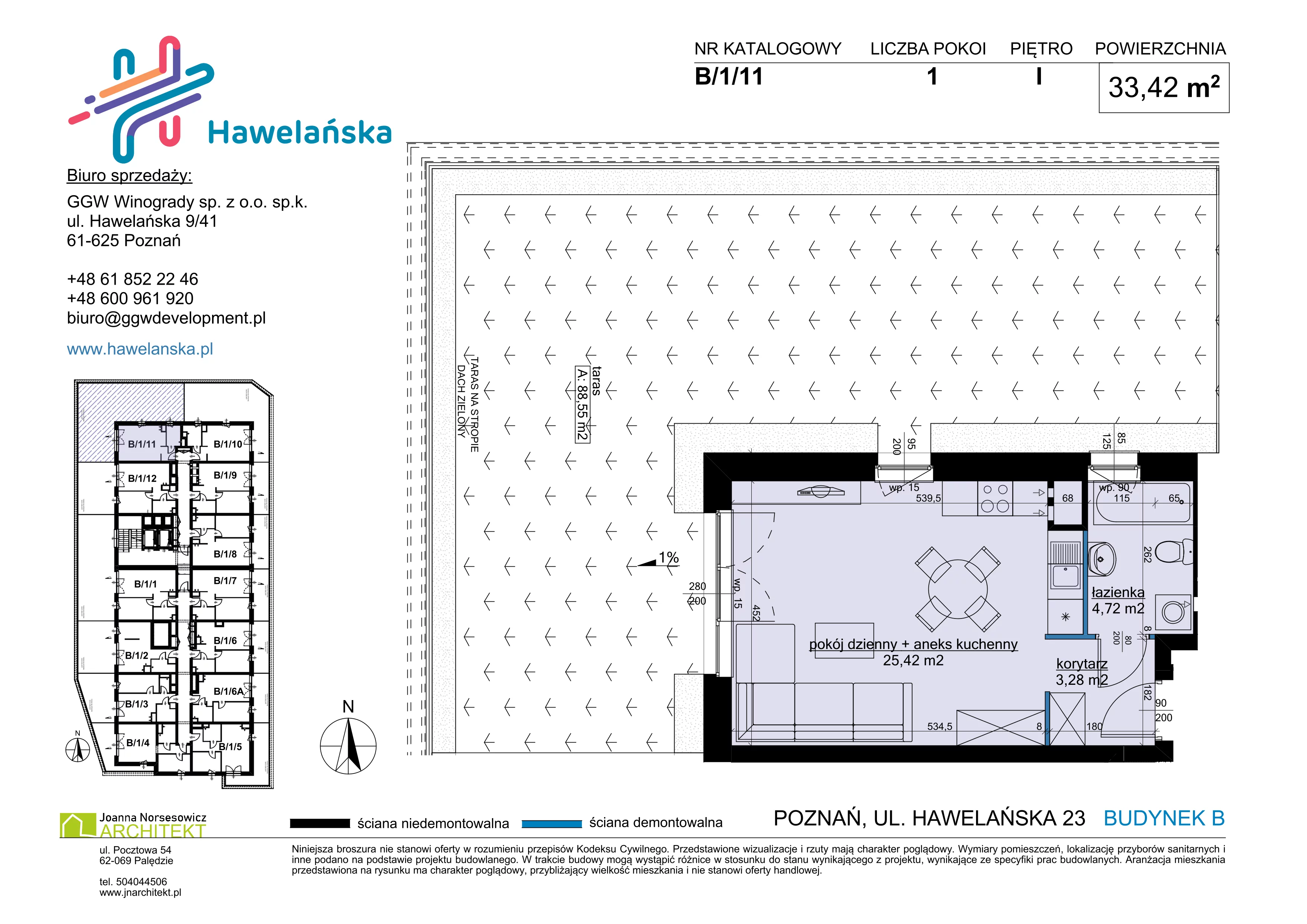1 pokój, mieszkanie 33,42 m², piętro 1, oferta nr B/1/11, Osiedle Hawelańska III etap, Poznań, Winogrady, ul. Hawelańska 25