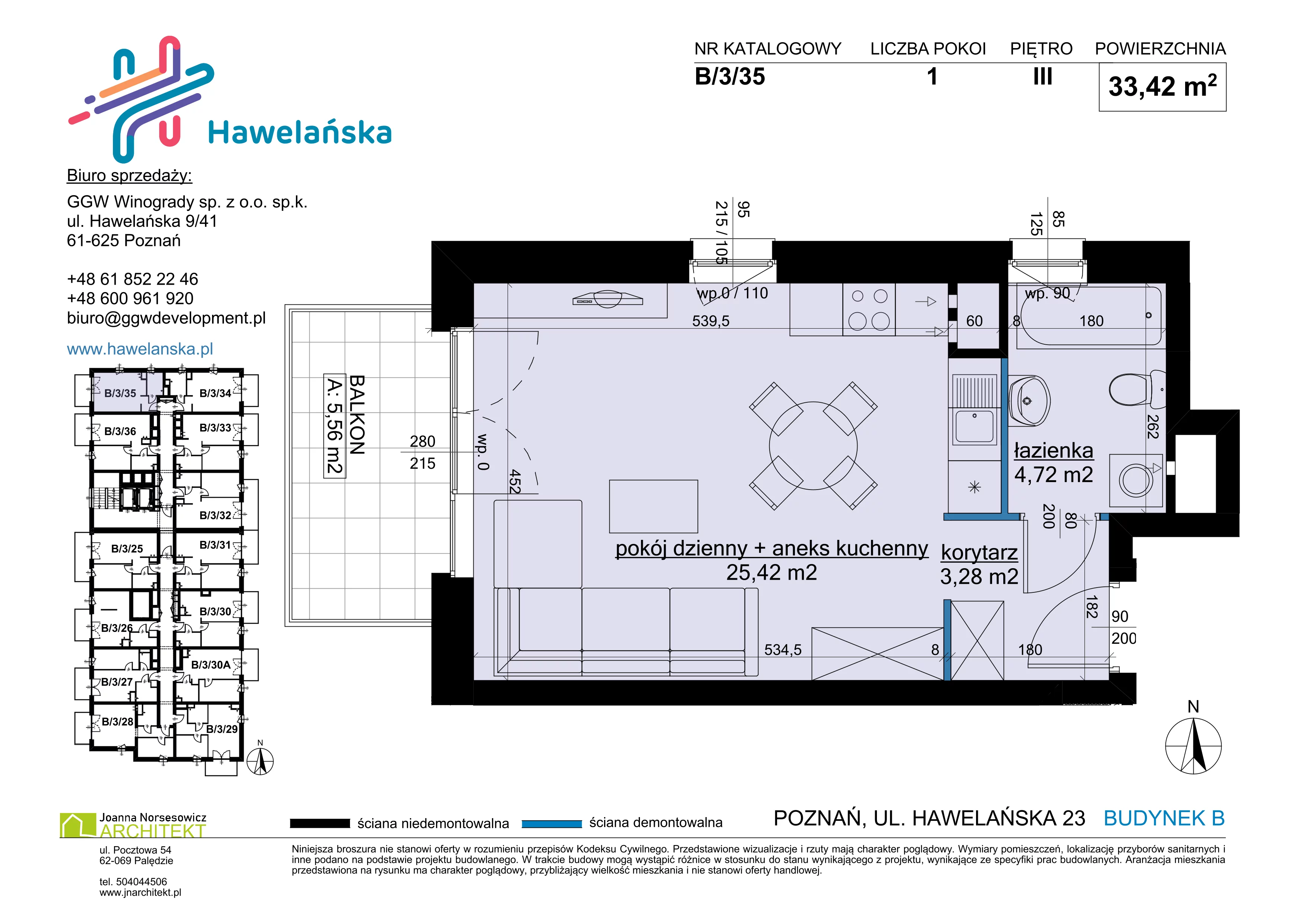 1 pokój, mieszkanie 33,42 m², piętro 3, oferta nr B/3/35, Osiedle Hawelańska III etap, Poznań, Winogrady, ul. Hawelańska 25