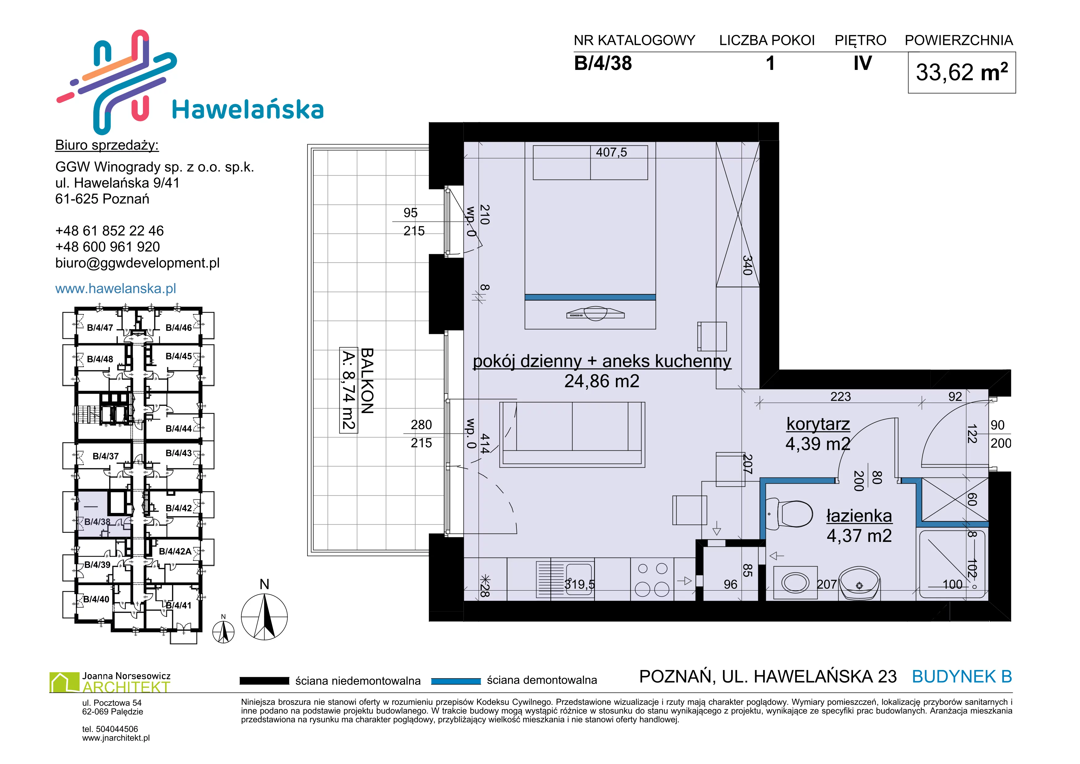 1 pokój, mieszkanie 33,62 m², piętro 4, oferta nr B/4/38, Osiedle Hawelańska III etap, Poznań, Winogrady, ul. Hawelańska 25
