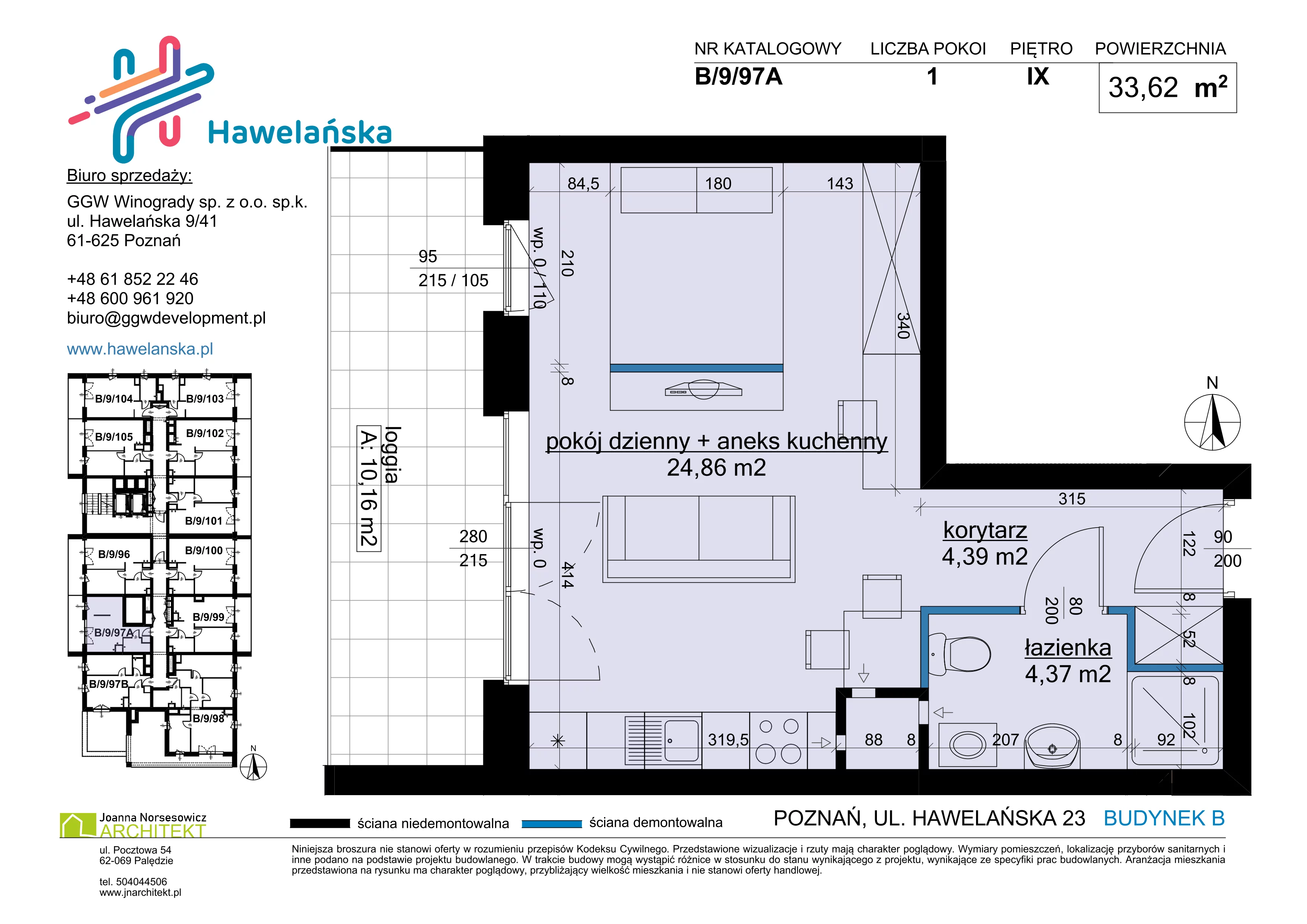 1 pokój, mieszkanie 33,62 m², piętro 9, oferta nr B/9/97A, Osiedle Hawelańska III etap, Poznań, Winogrady, ul. Hawelańska 25