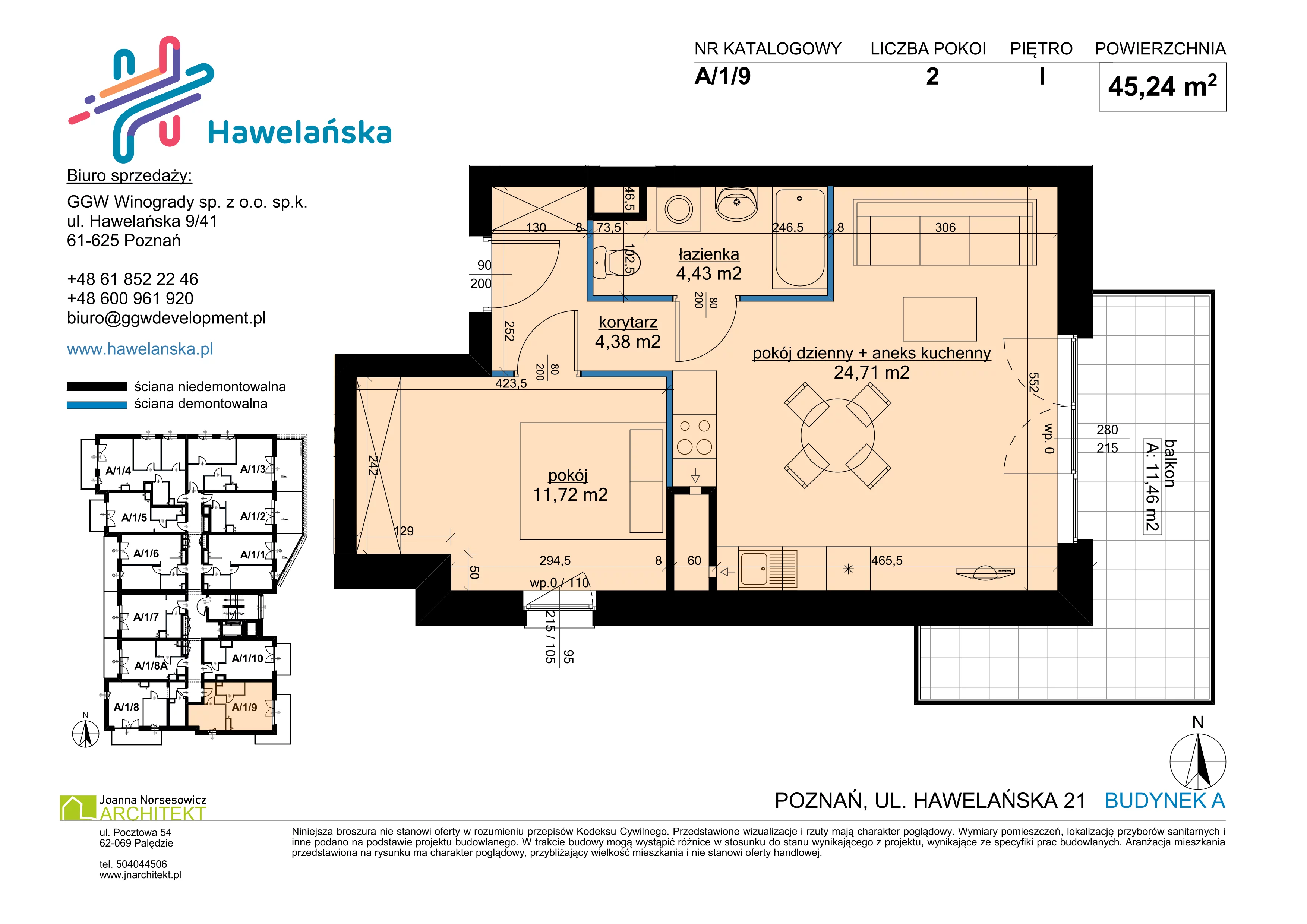 2 pokoje, mieszkanie 45,24 m², piętro 1, oferta nr A/1/9, Osiedle Hawelańska III etap, Poznań, Winogrady, ul. Hawelańska 25