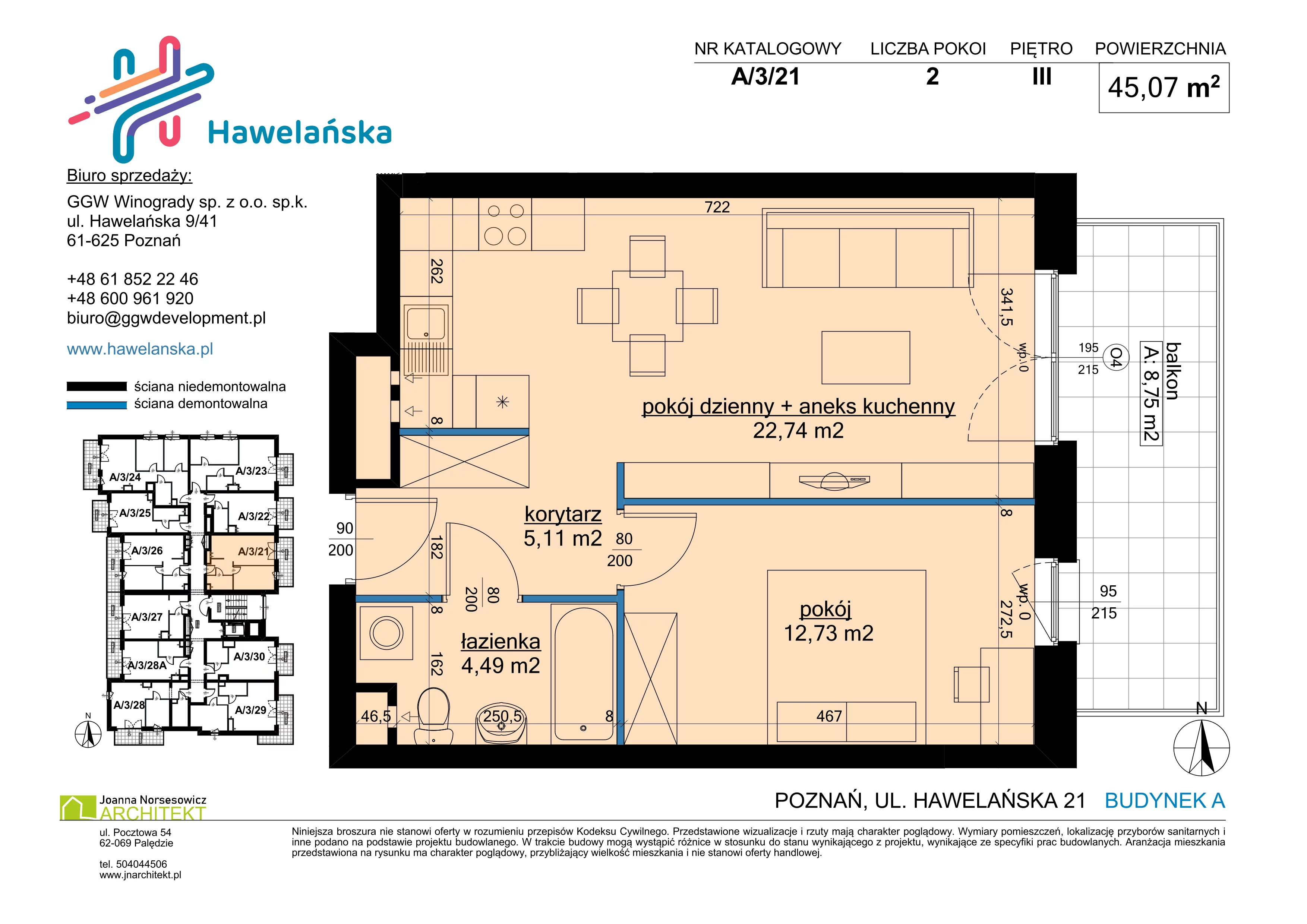 2 pokoje, mieszkanie 45,07 m², piętro 3, oferta nr A/3/21, Osiedle Hawelańska III etap, Poznań, Winogrady, ul. Hawelańska 25