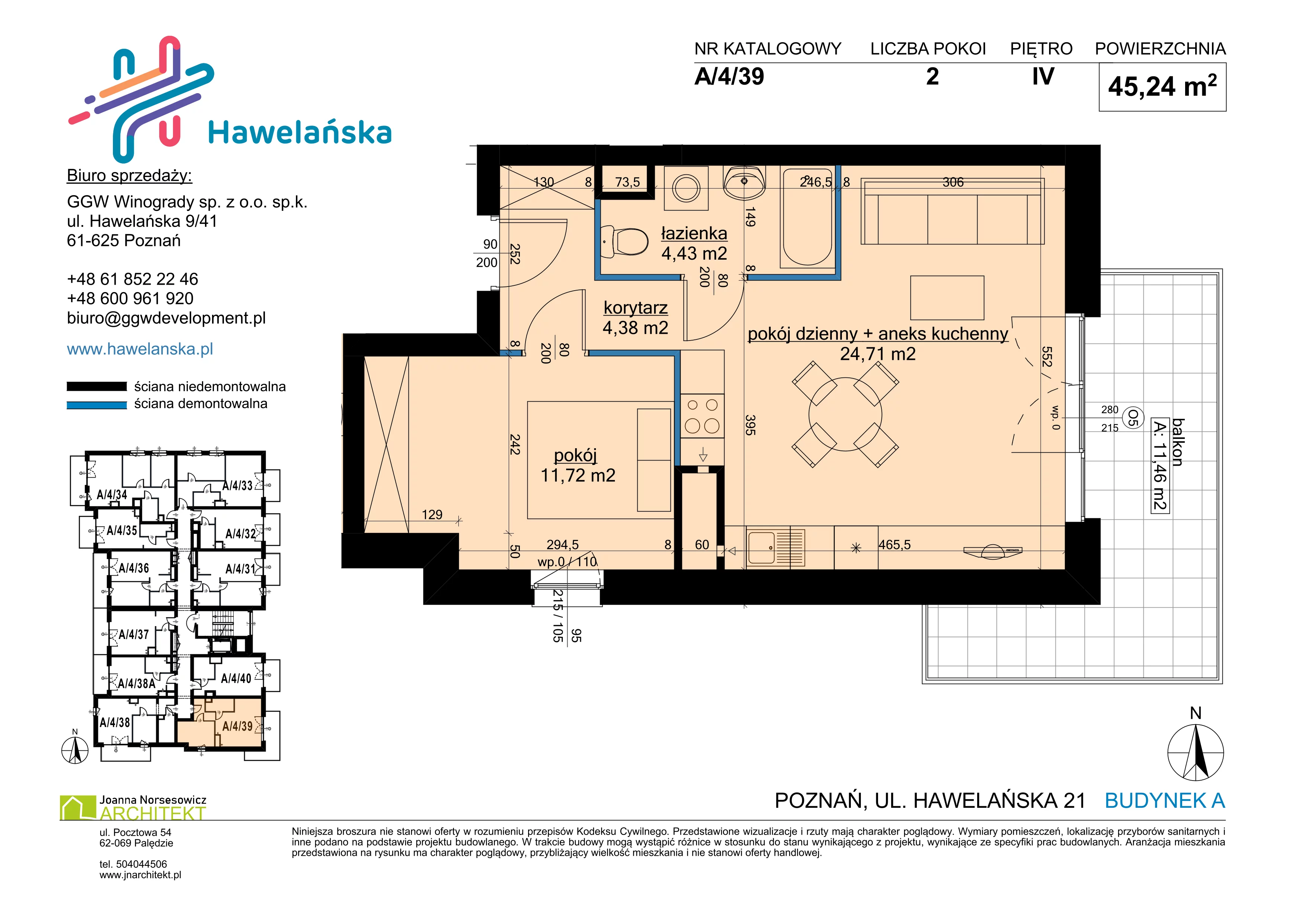 2 pokoje, mieszkanie 45,24 m², piętro 4, oferta nr A/4/39, Osiedle Hawelańska III etap, Poznań, Winogrady, ul. Hawelańska 25