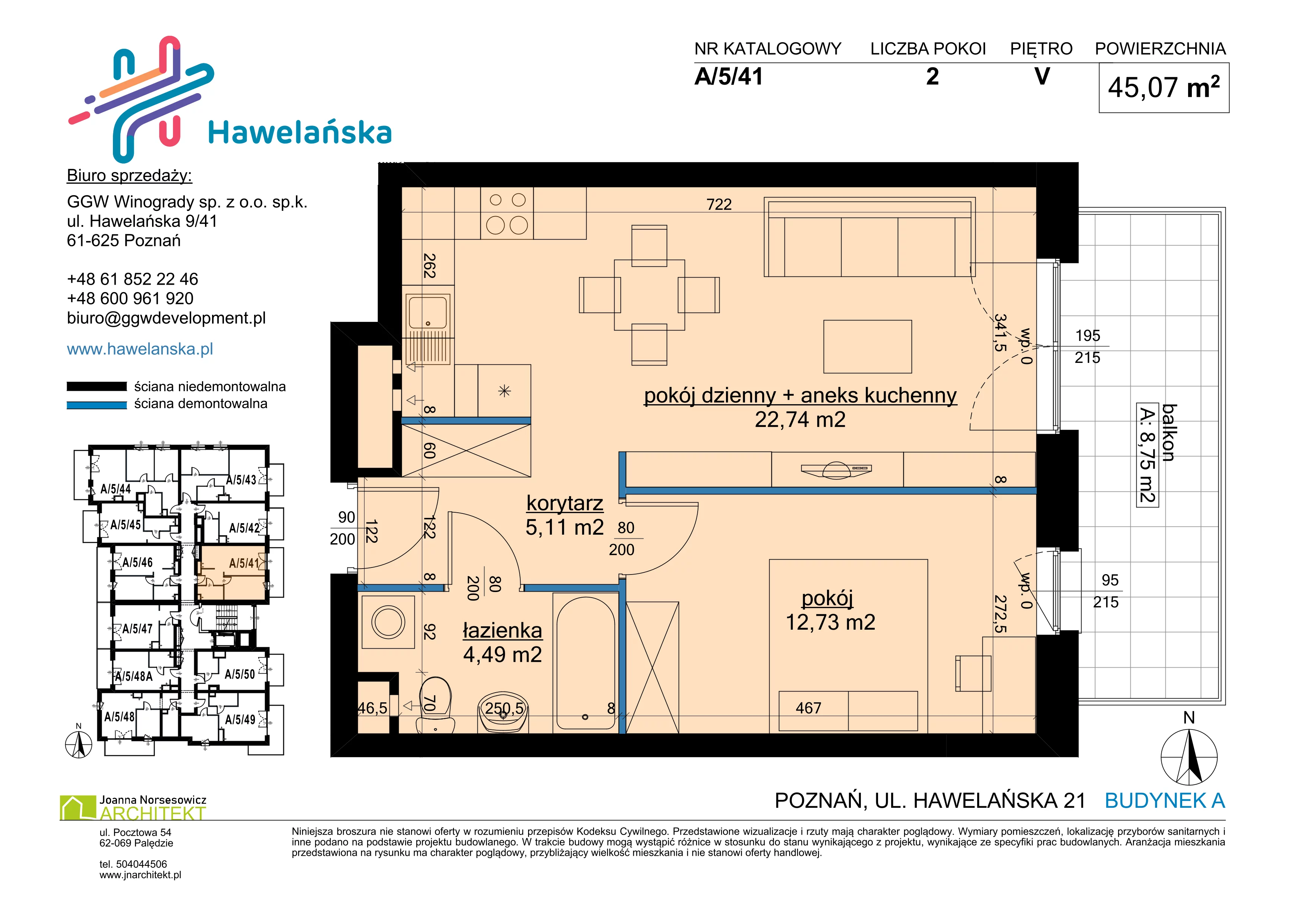 2 pokoje, mieszkanie 45,07 m², piętro 5, oferta nr A/5/41, Osiedle Hawelańska III etap, Poznań, Winogrady, ul. Hawelańska 25