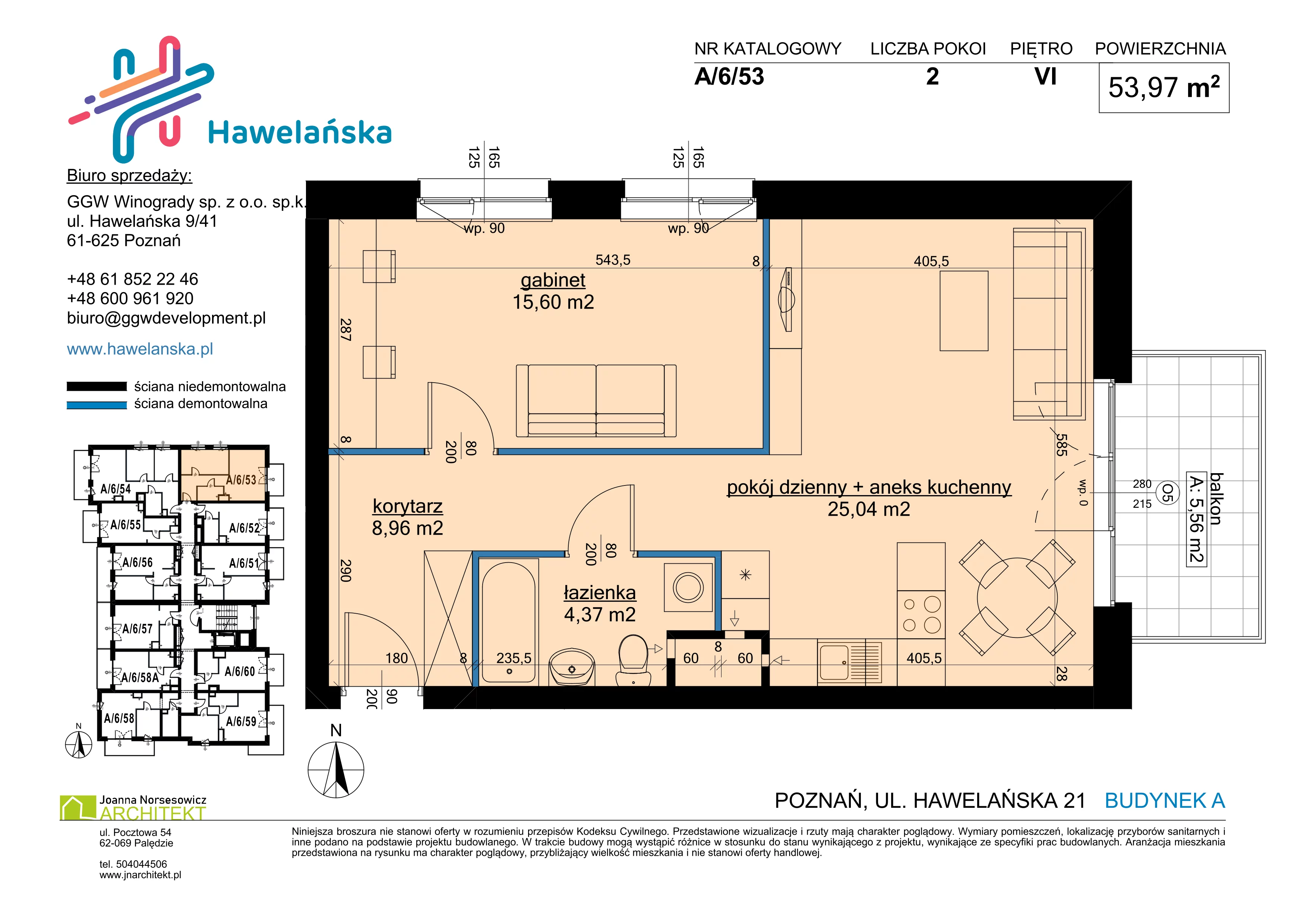 2 pokoje, mieszkanie 53,97 m², piętro 6, oferta nr A/6/53, Osiedle Hawelańska III etap, Poznań, Winogrady, ul. Hawelańska 25