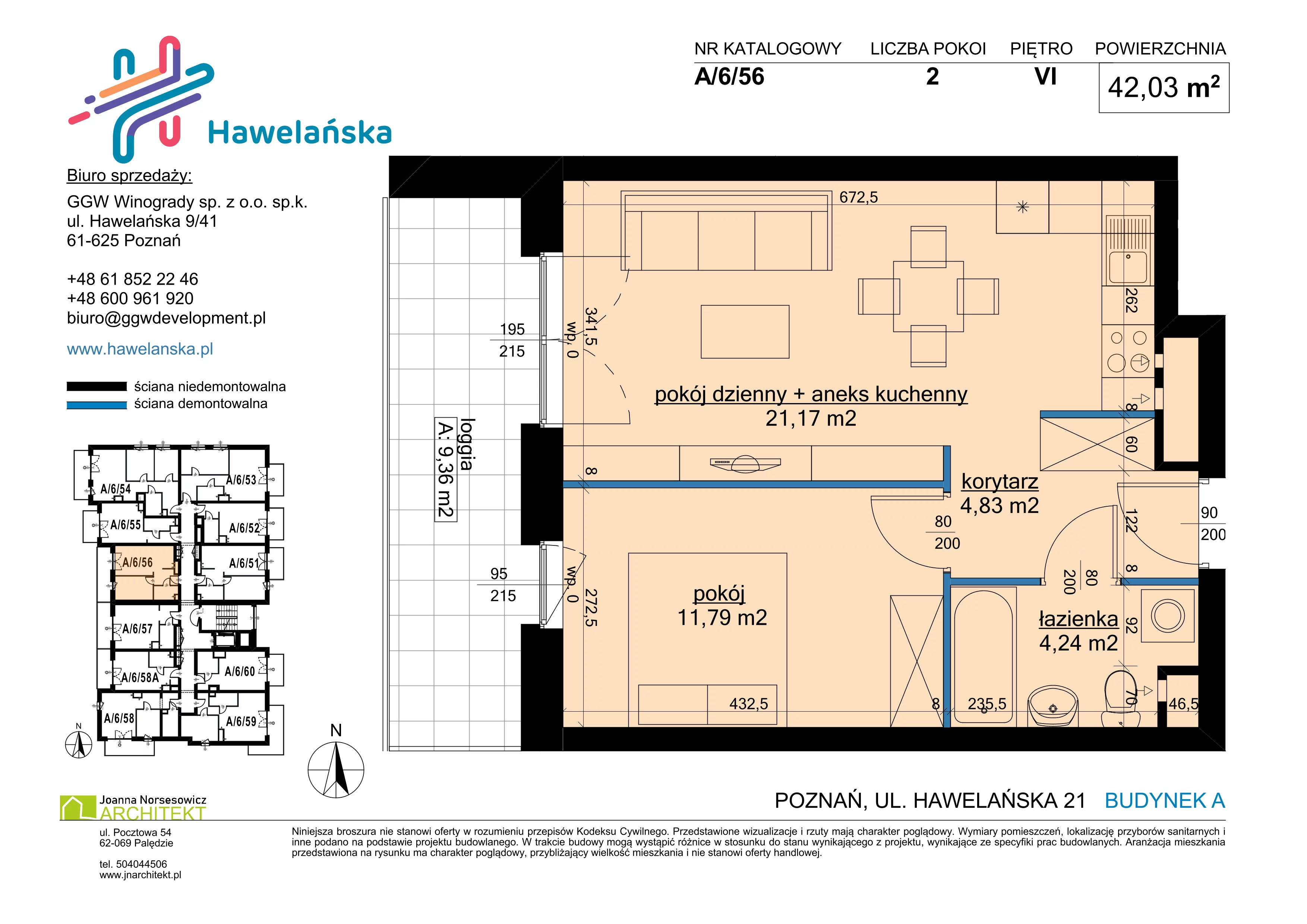 2 pokoje, mieszkanie 42,03 m², piętro 6, oferta nr A/6/56, Osiedle Hawelańska III etap, Poznań, Winogrady, ul. Hawelańska 25