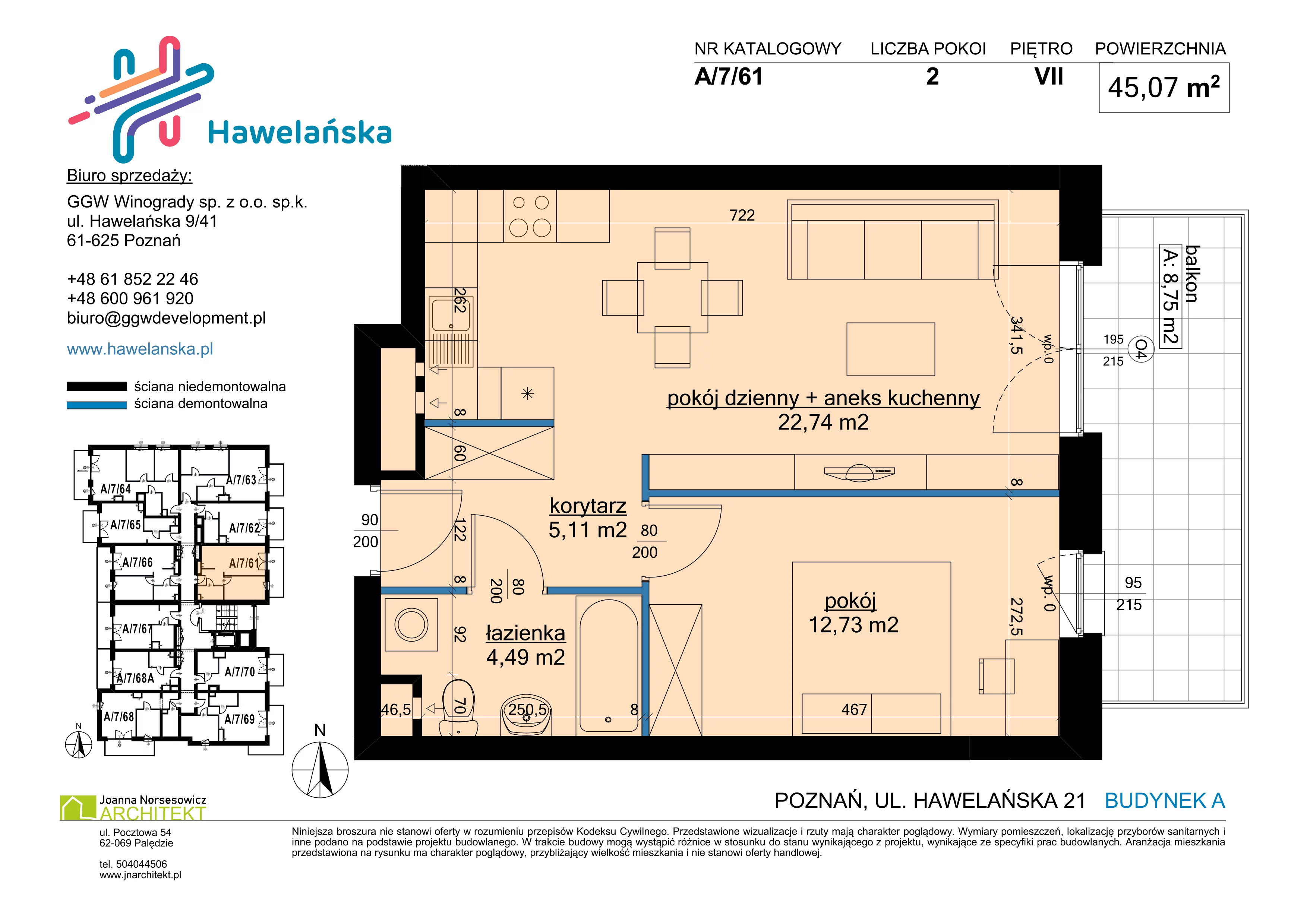 2 pokoje, mieszkanie 45,07 m², piętro 7, oferta nr A/7/61, Osiedle Hawelańska III etap, Poznań, Winogrady, ul. Hawelańska 25
