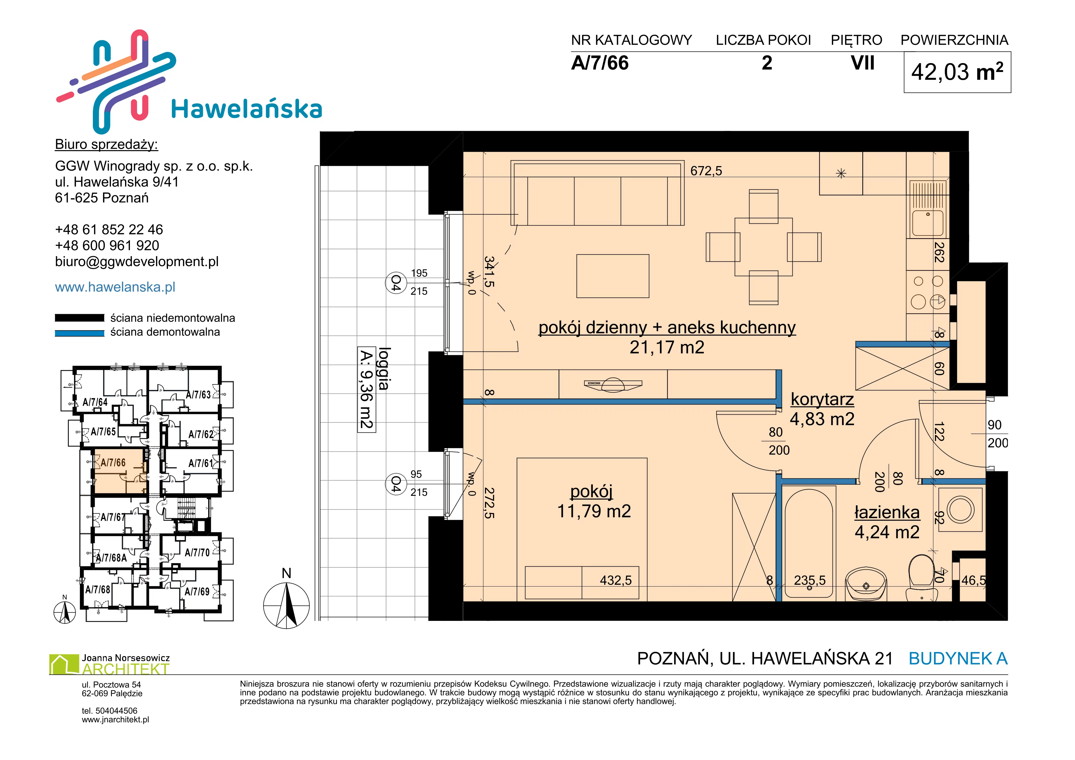 2 pokoje, mieszkanie 42,03 m², piętro 7, oferta nr A/7/66, Osiedle Hawelańska III etap, Poznań, Winogrady, ul. Hawelańska 25