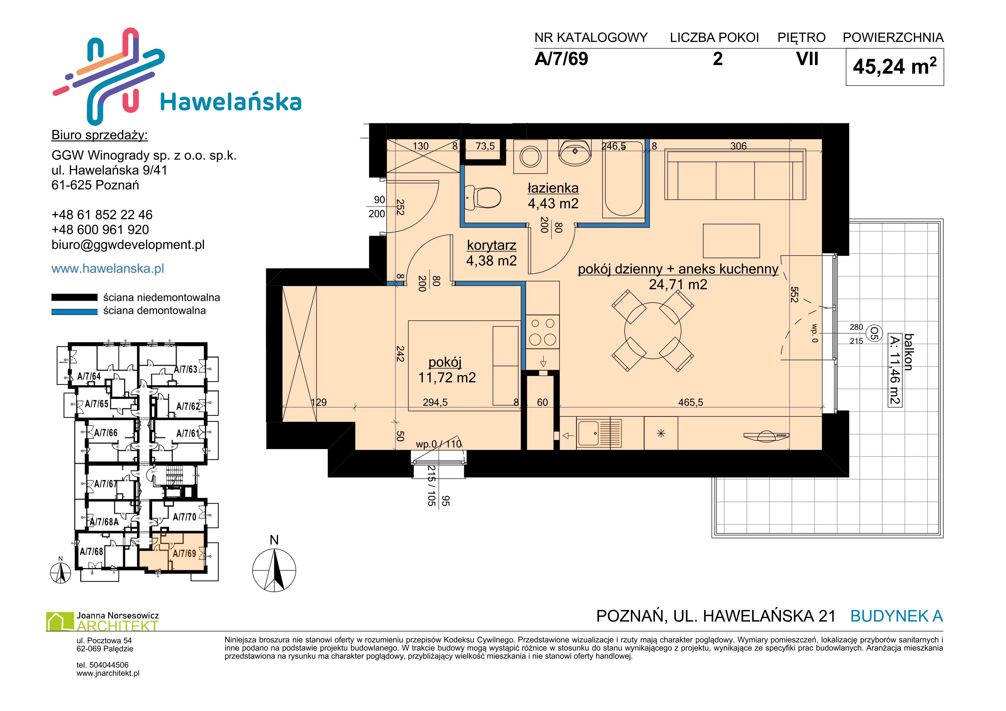 2 pokoje, mieszkanie 45,24 m², piętro 7, oferta nr A/7/69, Osiedle Hawelańska III etap, Poznań, Winogrady, ul. Hawelańska 25