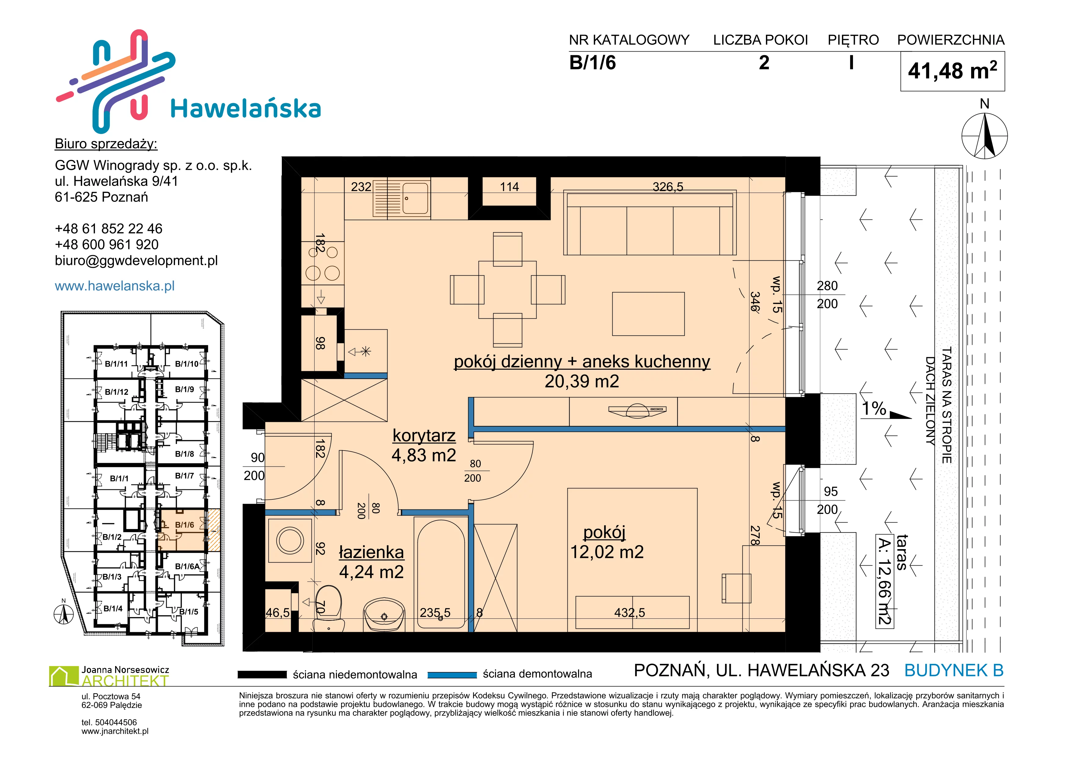 2 pokoje, mieszkanie 41,48 m², piętro 1, oferta nr B/1/6, Osiedle Hawelańska III etap, Poznań, Winogrady, ul. Hawelańska 25